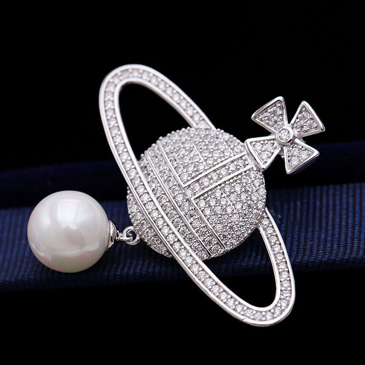 2025 South Korea autumn and winter new zircon pearl globe brooch women's planet pin men's suit accessories wholesale