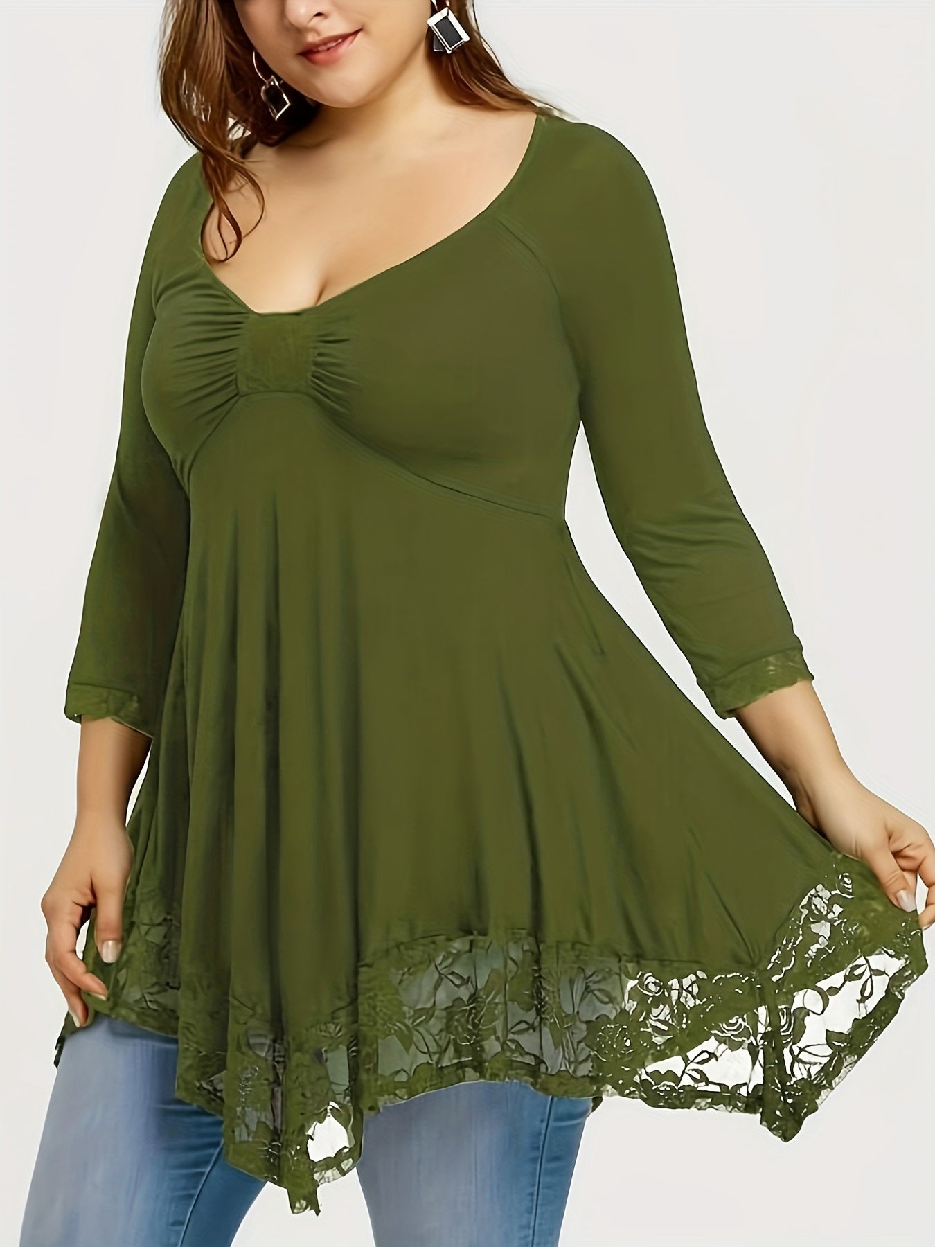 Sixsr Plus Size Floral Jacquard Contrast Lace Solid Tops, Women's Plus Round Neck Long Sleeve Elegant Top