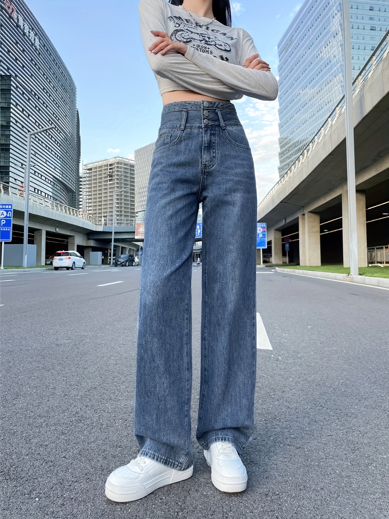 Sixsr Blue High Waist Straight Jeans, Loose Fit Single Breasted Button Versatile Wide Legs Jeans, Women's Denim Jeans & Clothing