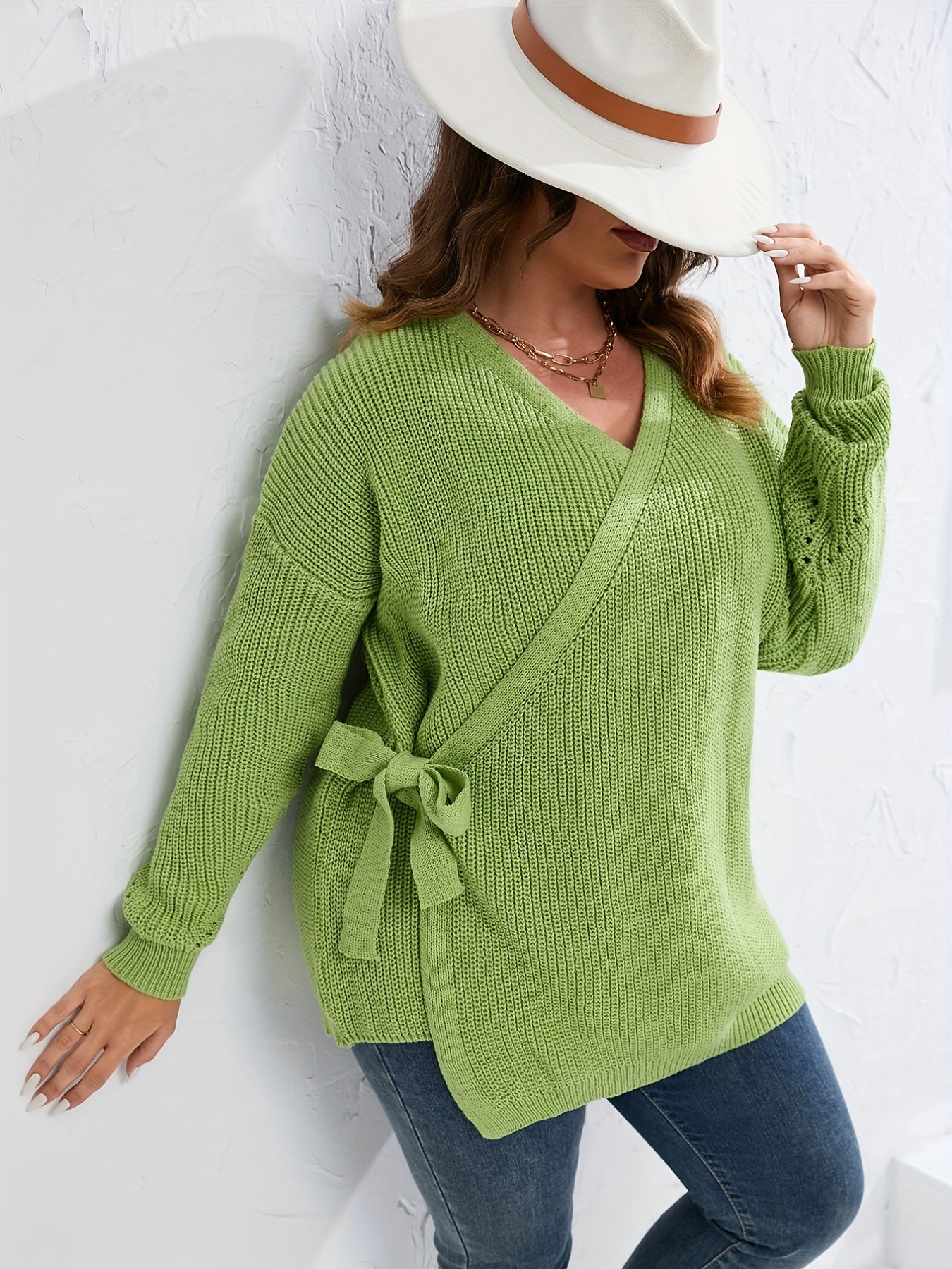 Sixsr Plus Size V Neck Rib Knit Belted Wrap Sweater, Women's Plus Slight Stretch Casual Sweater
