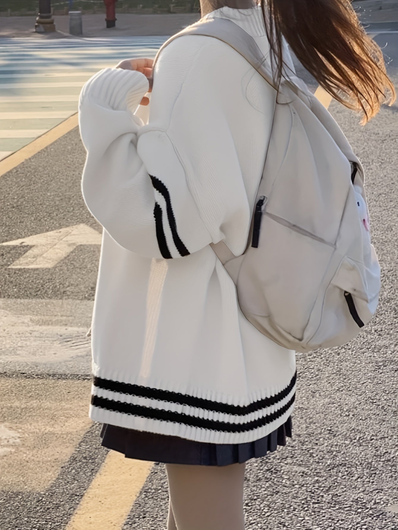 Sixsr Bee Embroidered Striped Cardigan, Casual Long Sleeve Cardigan For Fall & Winter, Women's Clothing