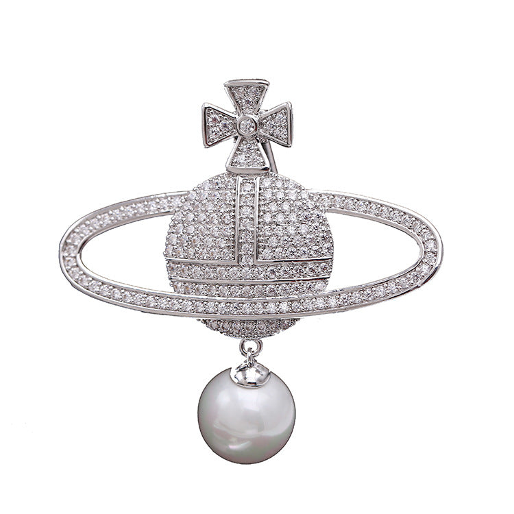 2025 South Korea autumn and winter new zircon pearl globe brooch women's planet pin men's suit accessories wholesale