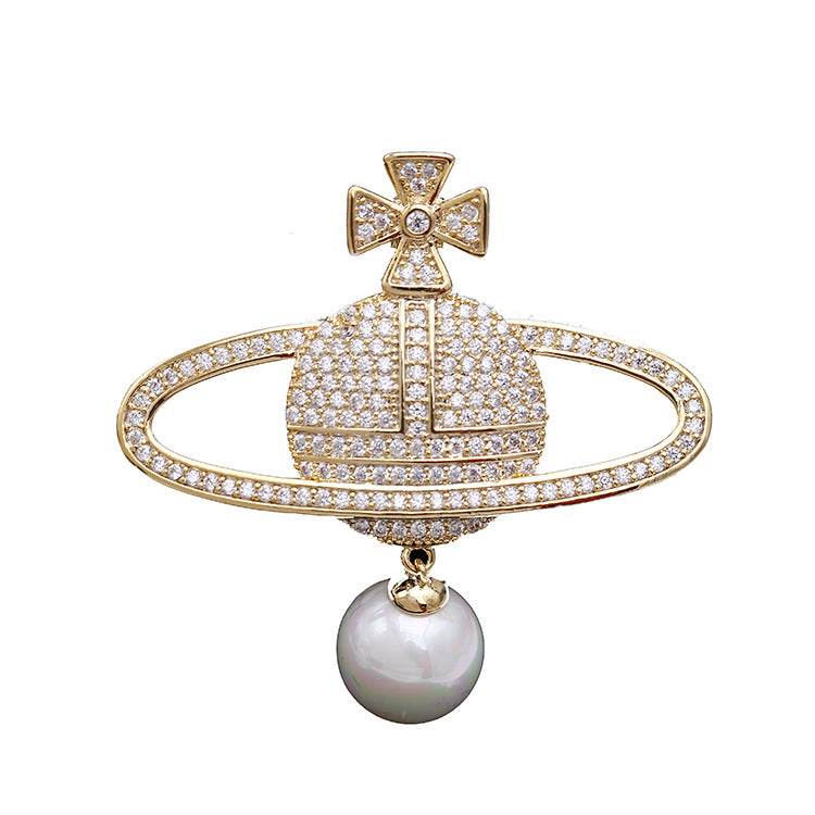 2025 South Korea autumn and winter new zircon pearl globe brooch women's planet pin men's suit accessories wholesale