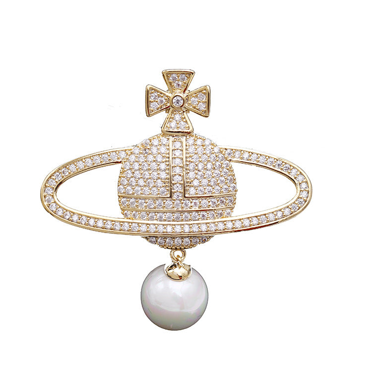 2025 South Korea autumn and winter new zircon pearl globe brooch women's planet pin men's suit accessories wholesale