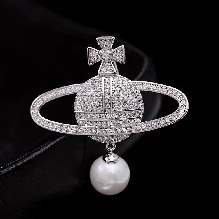 2025 South Korea autumn and winter new zircon pearl globe brooch women's planet pin men's suit accessories wholesale