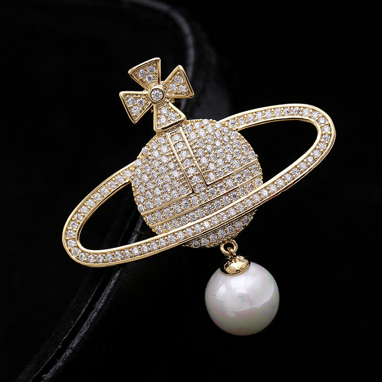 2025 South Korea autumn and winter new zircon pearl globe brooch women's planet pin men's suit accessories wholesale
