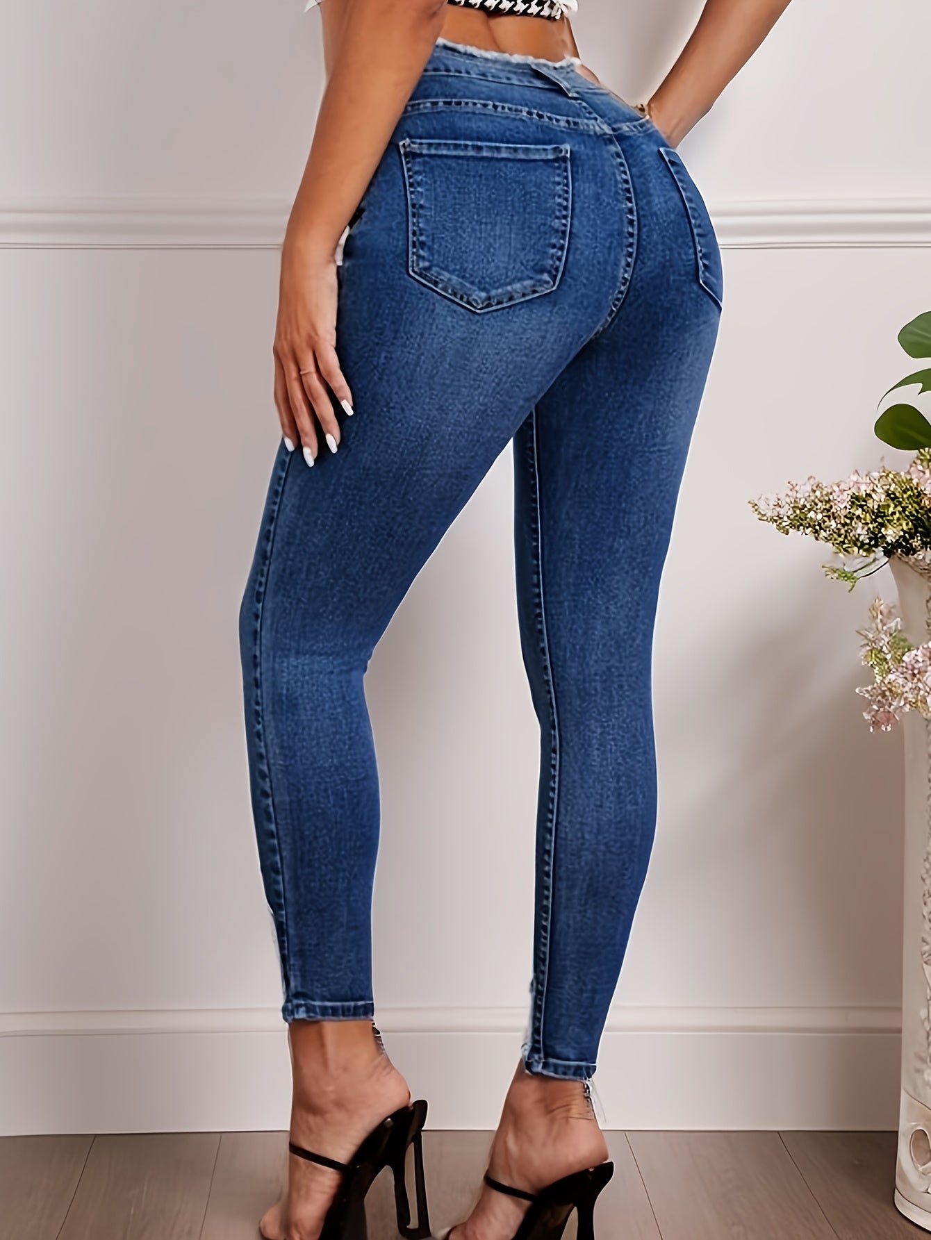 Sixsr Raw Trim Waist Skinny Jeans, Slim Fit High Stretch Versatile Tight Jeans, Women's Denim Jeans & Clothing