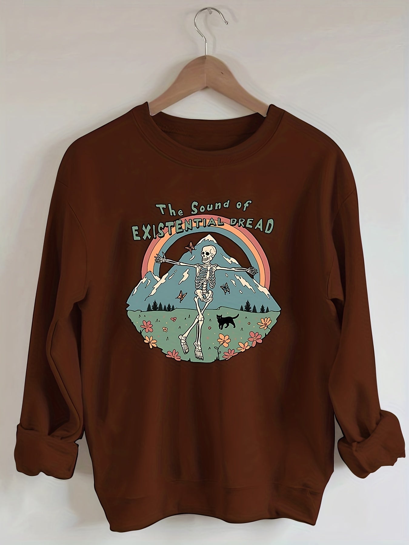 Sixsr Plus Size Halloween Sweatshirt, Women's Plus Skull & Rainbow & Letter Print Long Sleeve Round Neck Sweatshirt