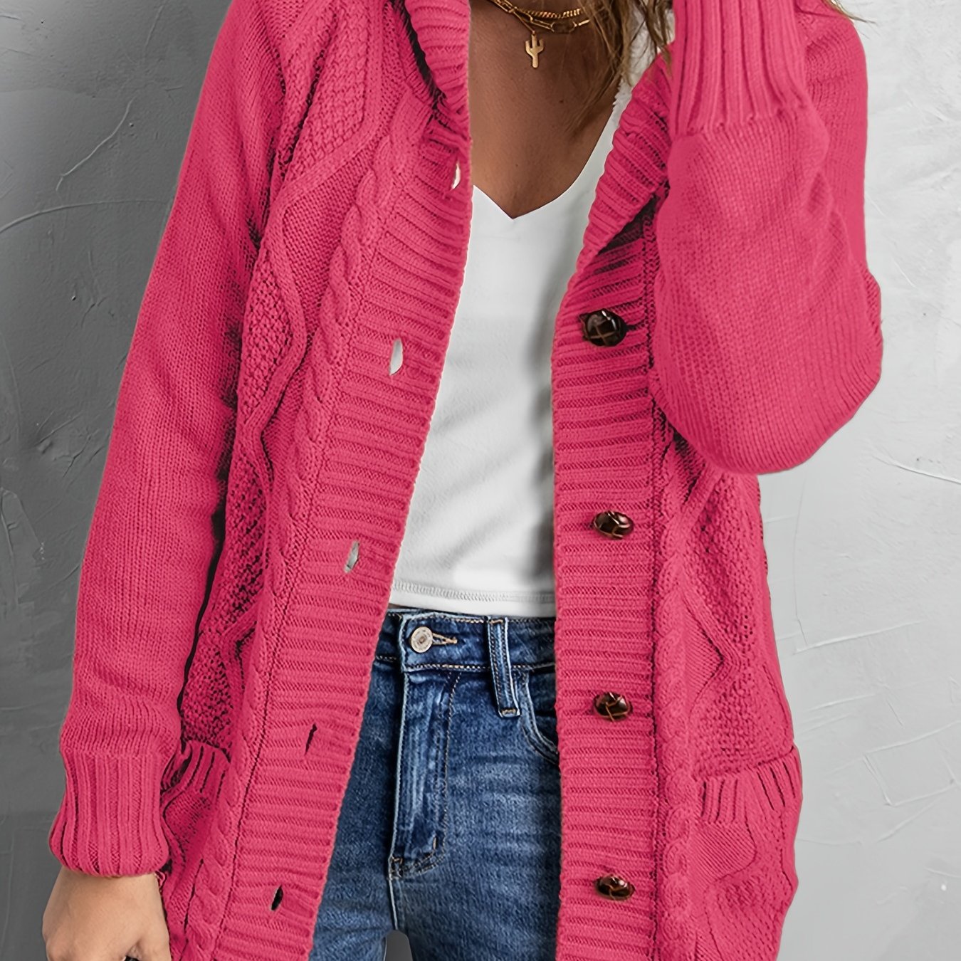 Sixsr Oversized Knit Hoodie, Long Chunky Knit Front Pocket Hooded Cardigan Sweater, Casual Tops For Fall & Winter, Women's Clothing