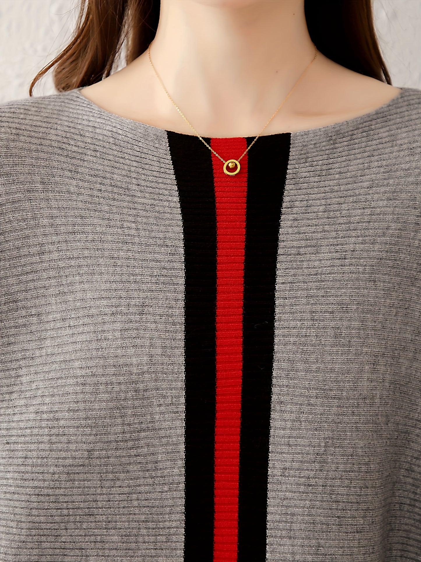 Sixsr Color Block Boat Neck Knit Sweater, Elegant Batwing Sleeve Sweater, Women's Clothing