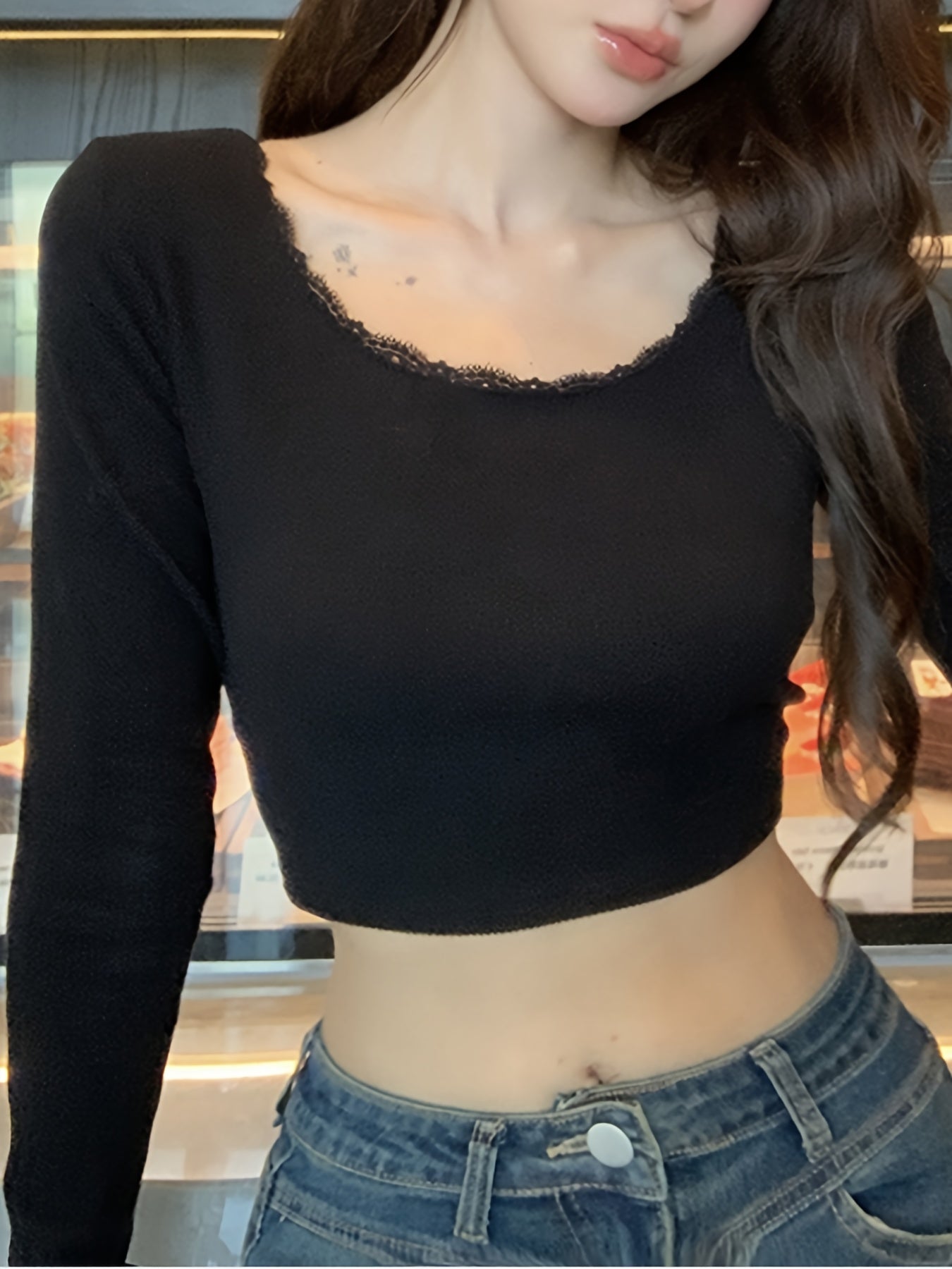 Sixsr Solid Color V Neck Backless T-Shirt, Y2K Long Sleeve Cropped Tied T-Shirt, Women's Clothing