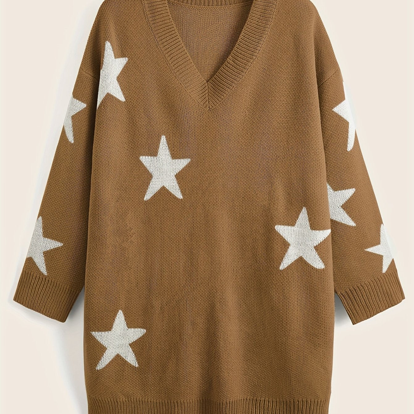 Sixsr Stars Print Sweater Dress, Casual V Neck Long Sleeve Mini Dress, Women's Clothing
