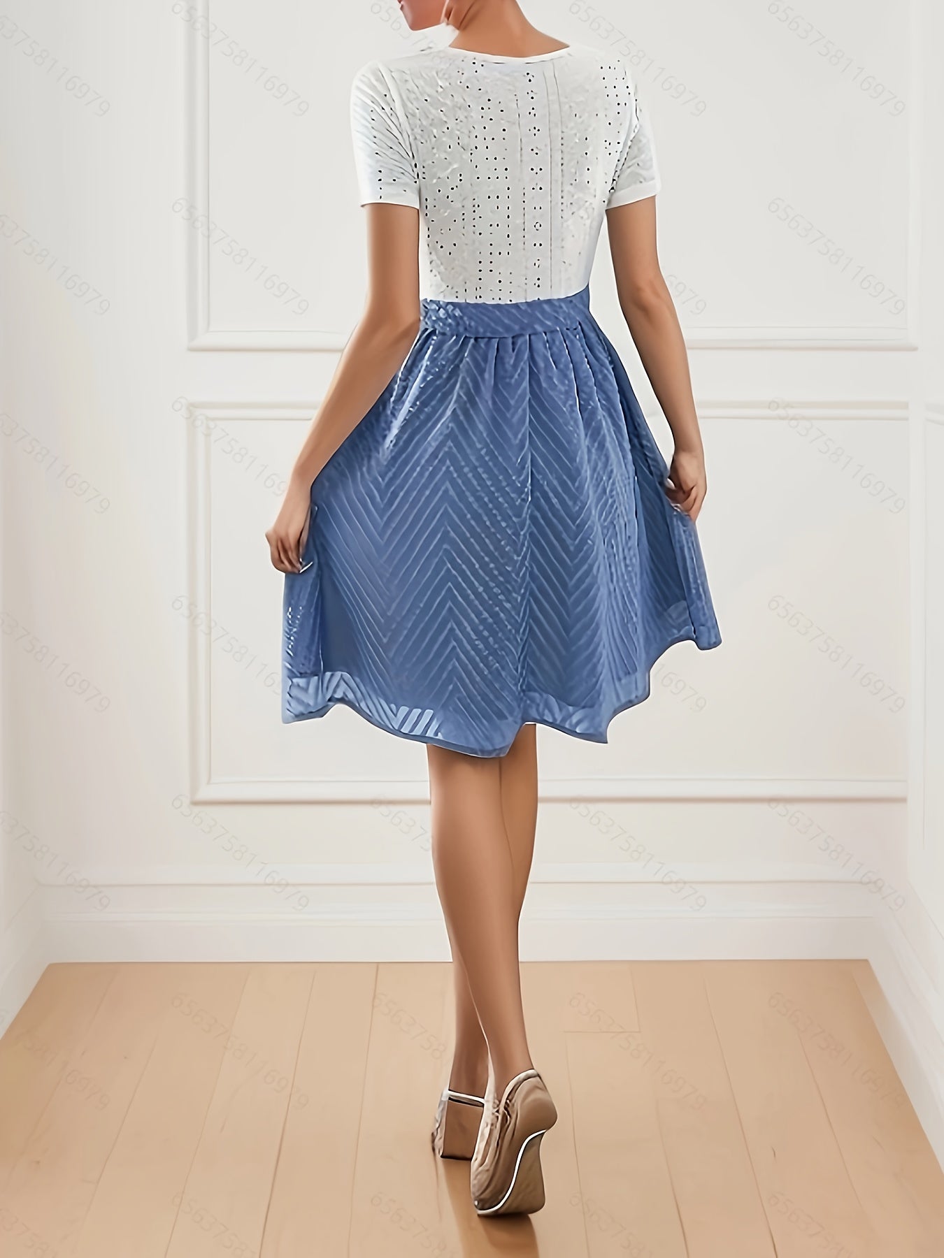 Sixsr Color Block Simple Dress, Elegant Squared Neck Short Sleeve Dress, Women's Clothing