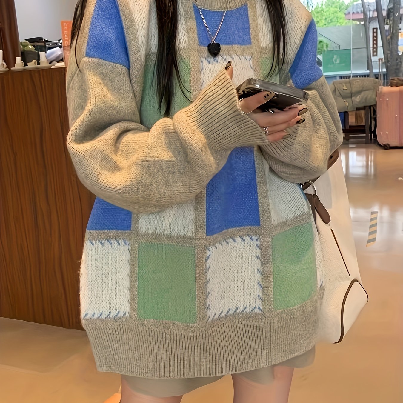 Sixsr Color Block Plaid Pullover Sweater, Casual Long Sleeve Crew Neck Sweater, Women's Clothing