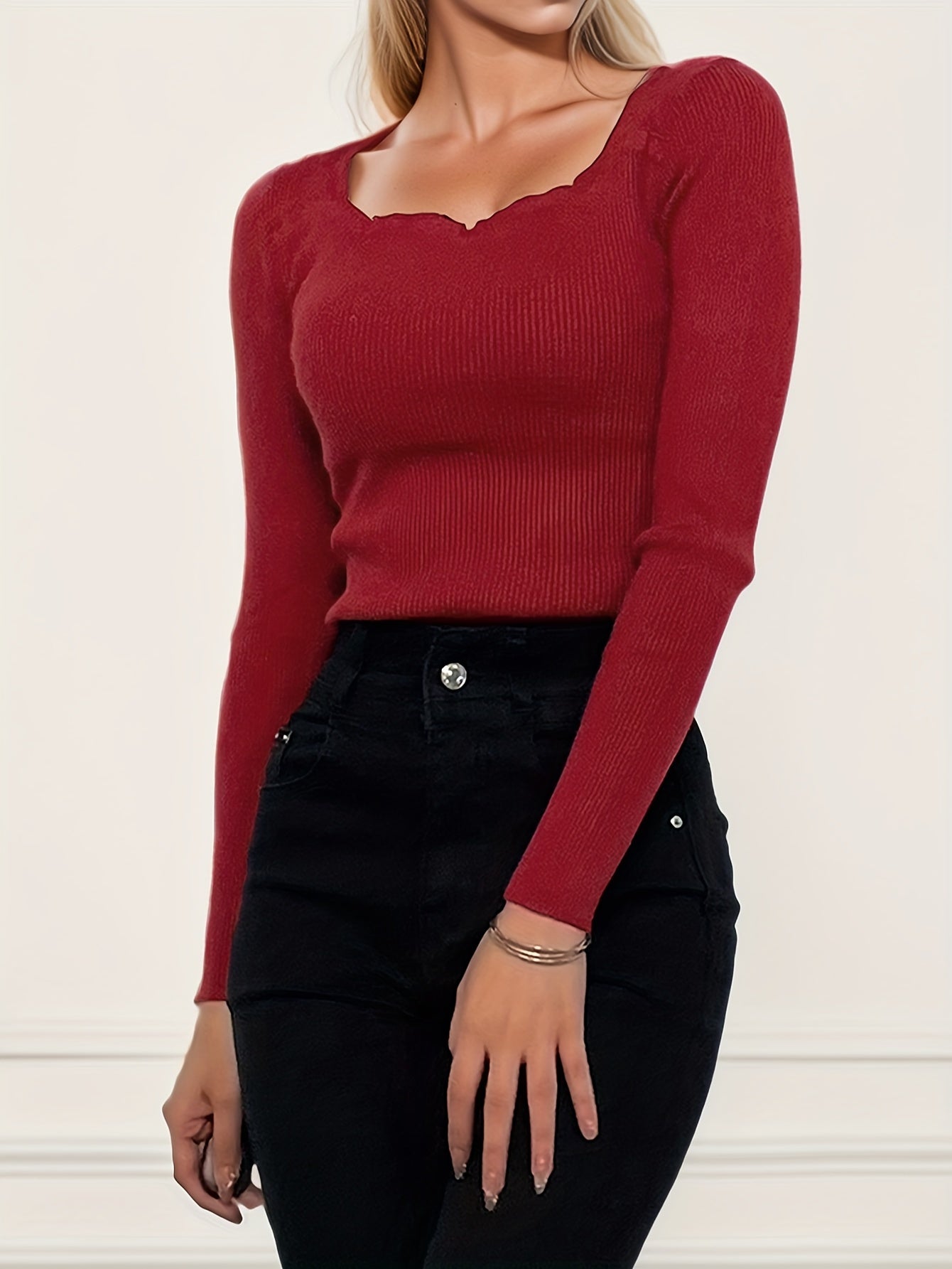 Sixsr Solid Inner Wear Slim Knitted Top, Elegant Long Sleeve Simple Sweater, Women's Clothing