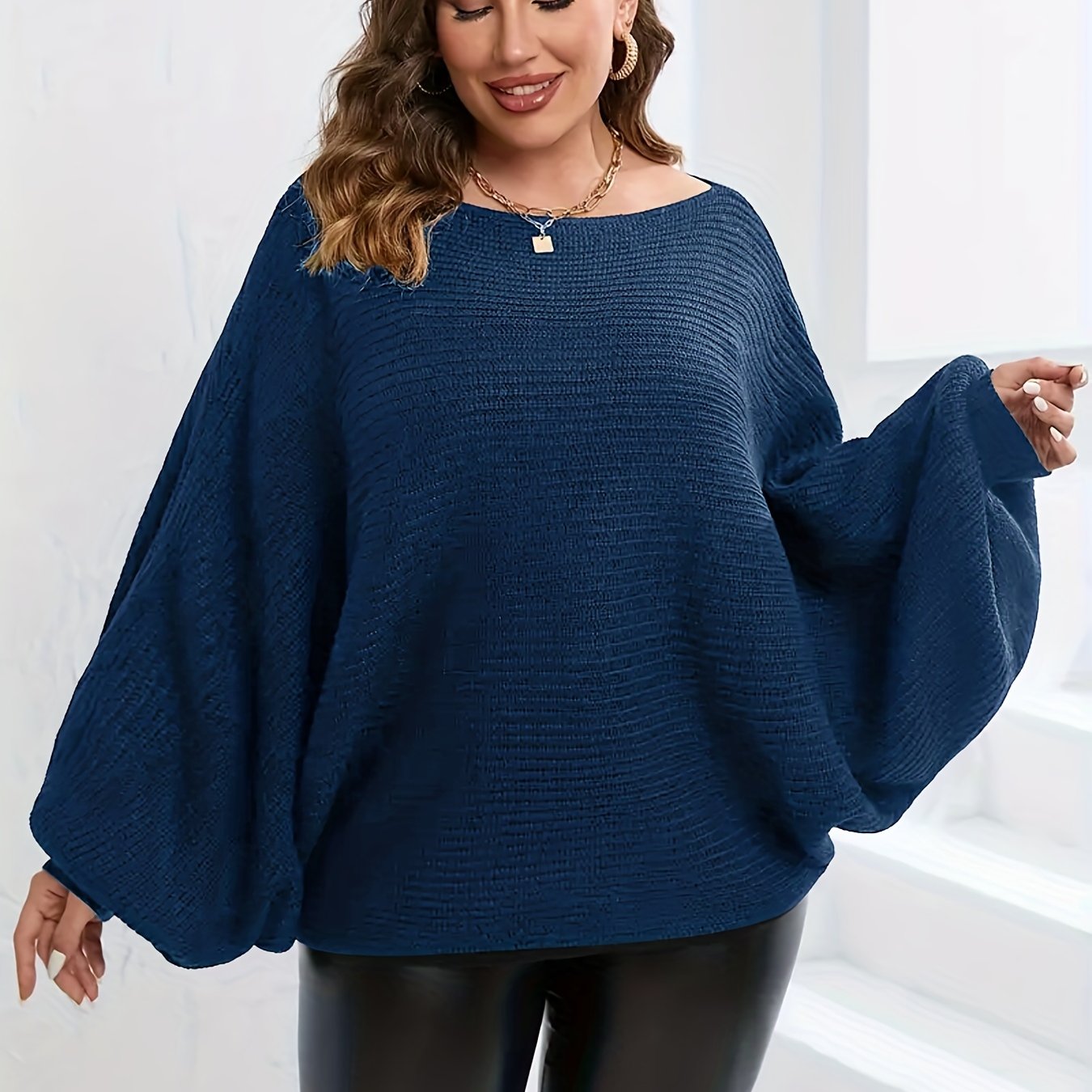 Sixsr Plus Size Off Shoulder Batwing Solid Sweater, Women's Plus Casual Slight Stretch Sweater