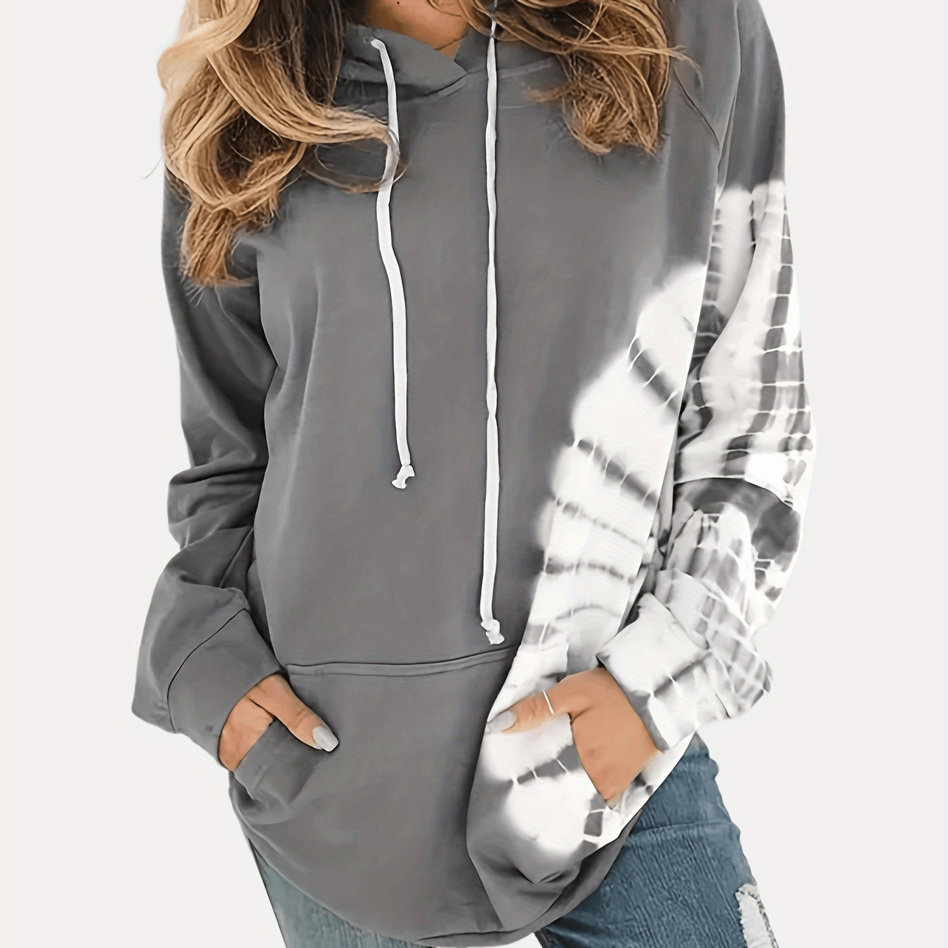 Sixsr Plus Size Casual Sweatshirt, Women's Plus Tie Dye Long Sleeve Drawstring Hooded Pullover Sweatshirt With Kangaroo Pockets, Casual Tops For Fall & Winter, Plus Size Women's Clothing
