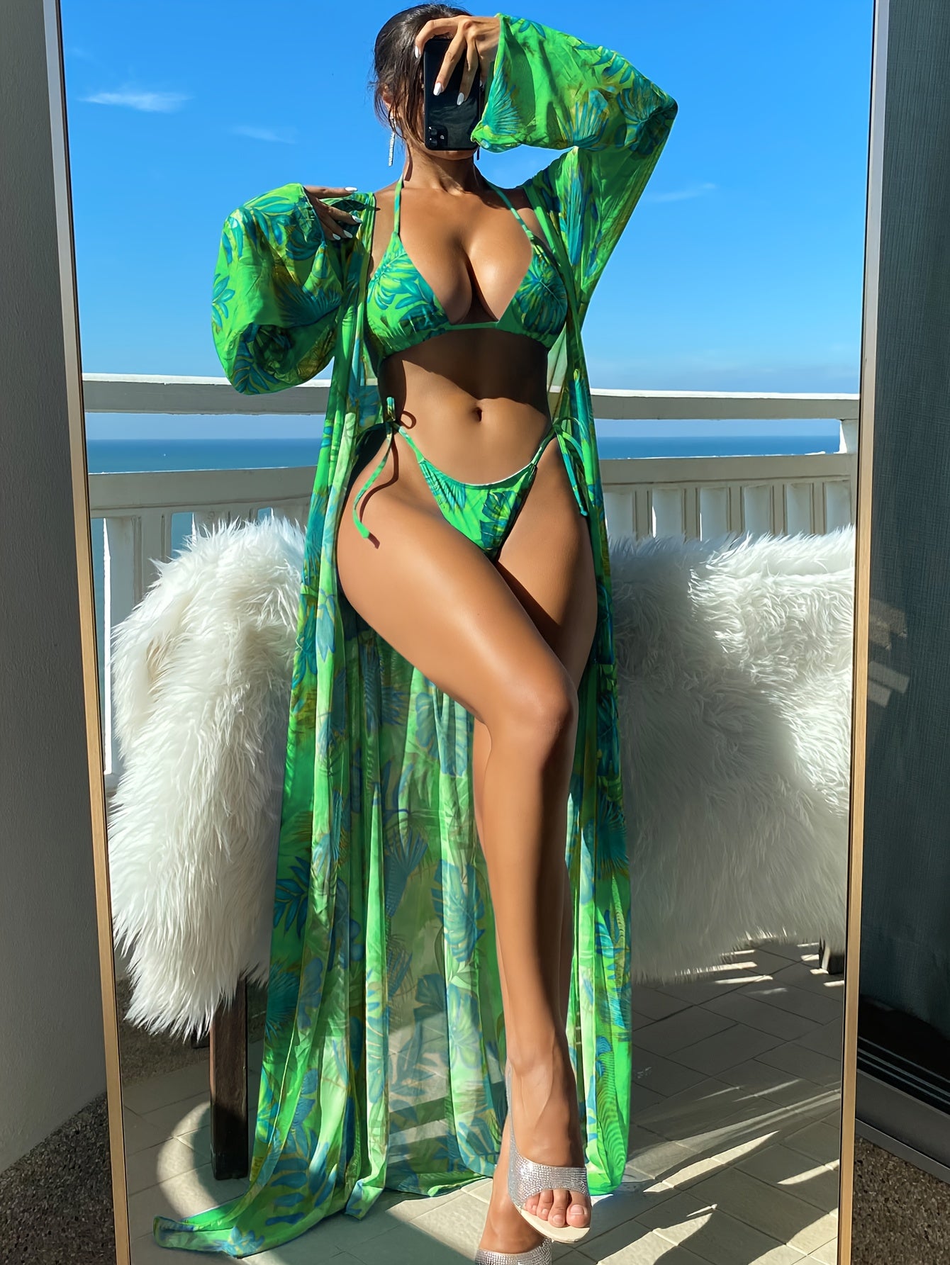 Sixsr Tropical Leaf Print Stretchy 3 Piece Set Bikini With Long Sleeve Kimono, Halter Stretchy Tie Strap Swimsuits, Women's Swimwear & Clothing