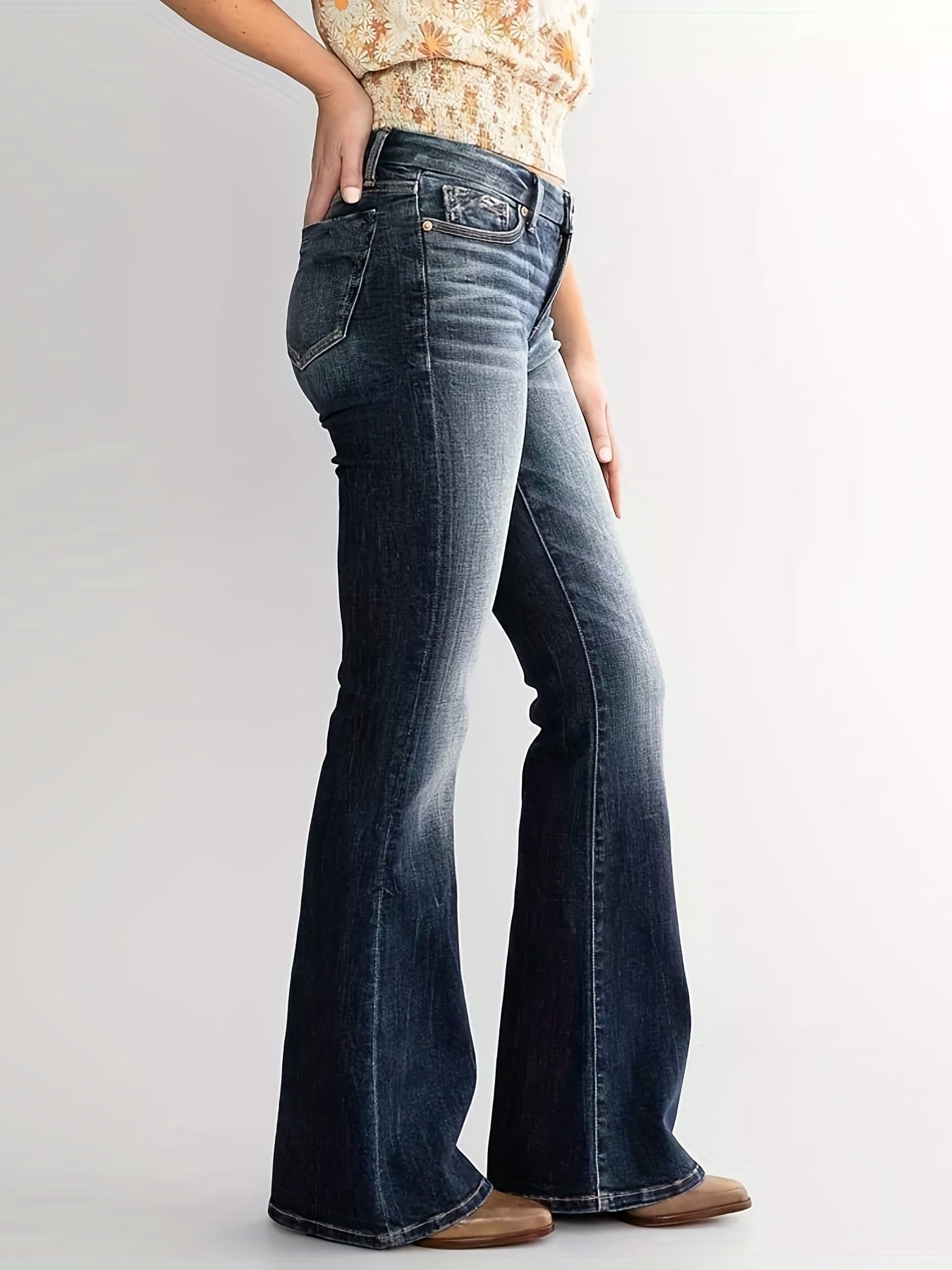 Sixsr Double Button Whiskering Flare Leg Jeans, Mid Waist Retro Faded Watter Tipple Embossed Denim Pants, Women's Denim Jeans & Clothing