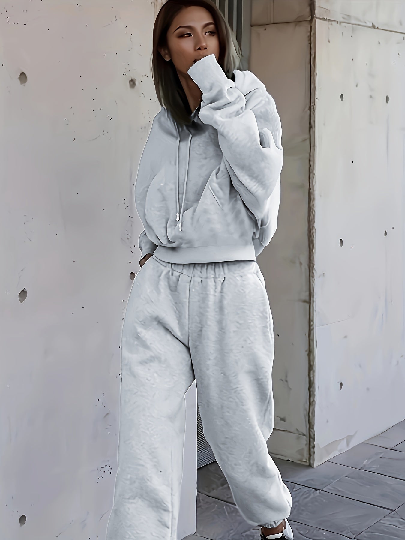 Sixsr 2pcs Athleisure Set, Oversized Solid Hooded Pocket Drawstring Sweatshirts & Sweatpants Sets, Women's Clothing