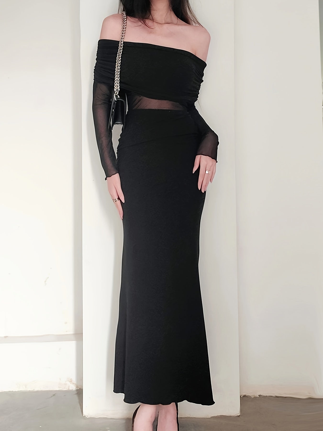 Sixsr Foldover Off-shoulder Mesh Dress, Stylish Long Sleeve Slim Dress, Women's Clothing