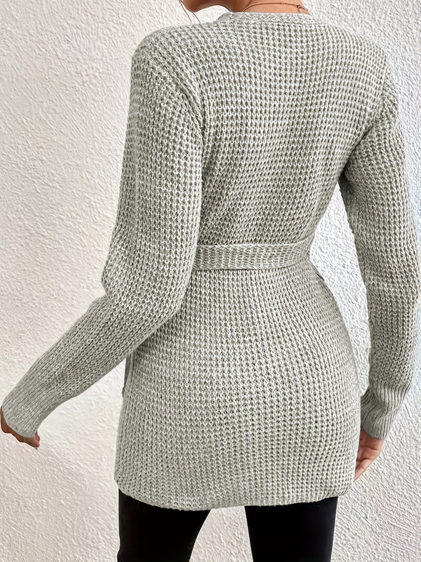 Sixsr Plus Size Casual Sweater, Women's Plus Solid Long Sleeve Surplice Neck Knot Wrap Jumper