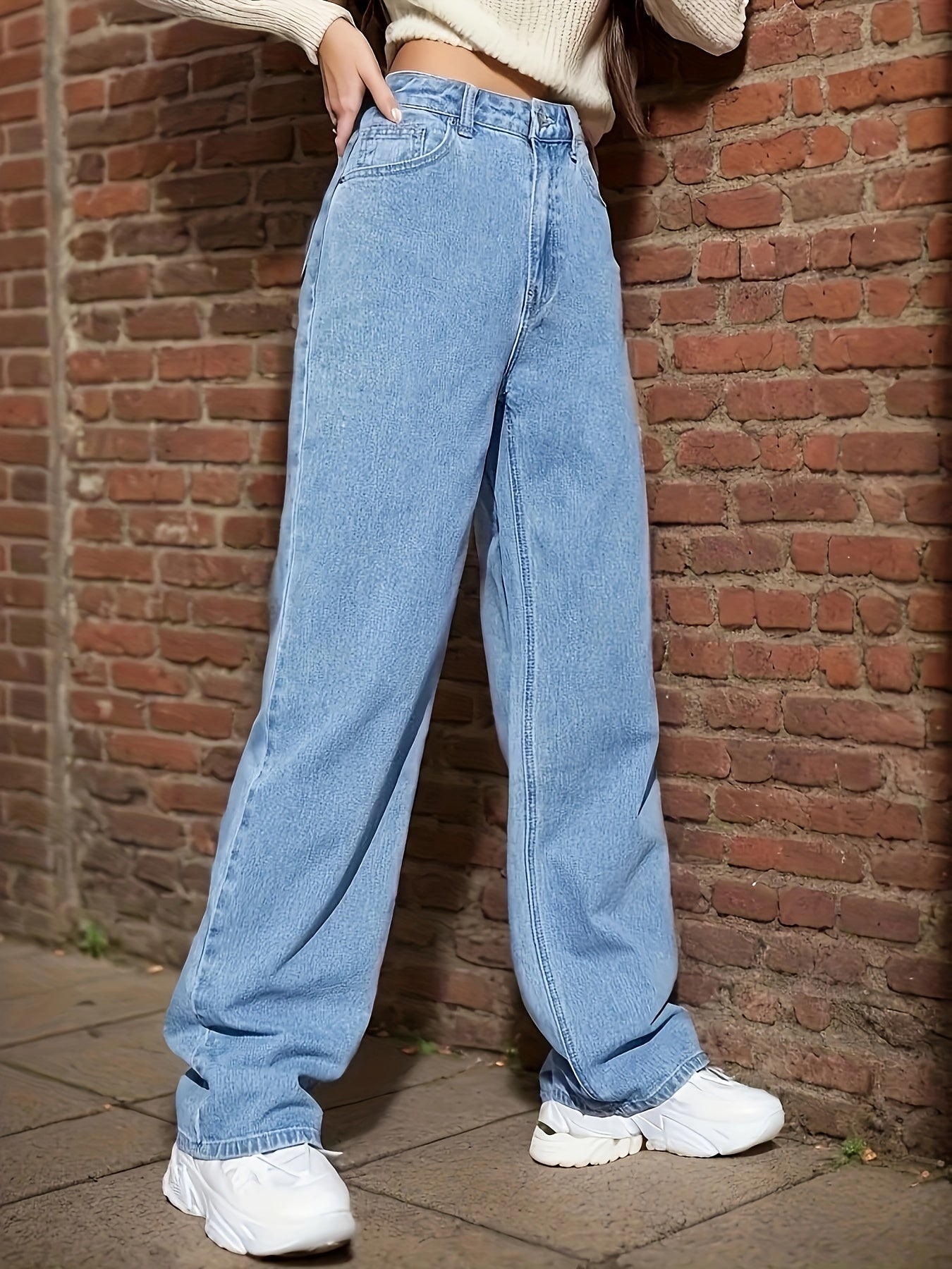 Sixsr Blue Loose Fit Straight Jeans, Non-Stretch Slant Pockets Washed Denim Pants, Women's Denim Jeans & Clothing