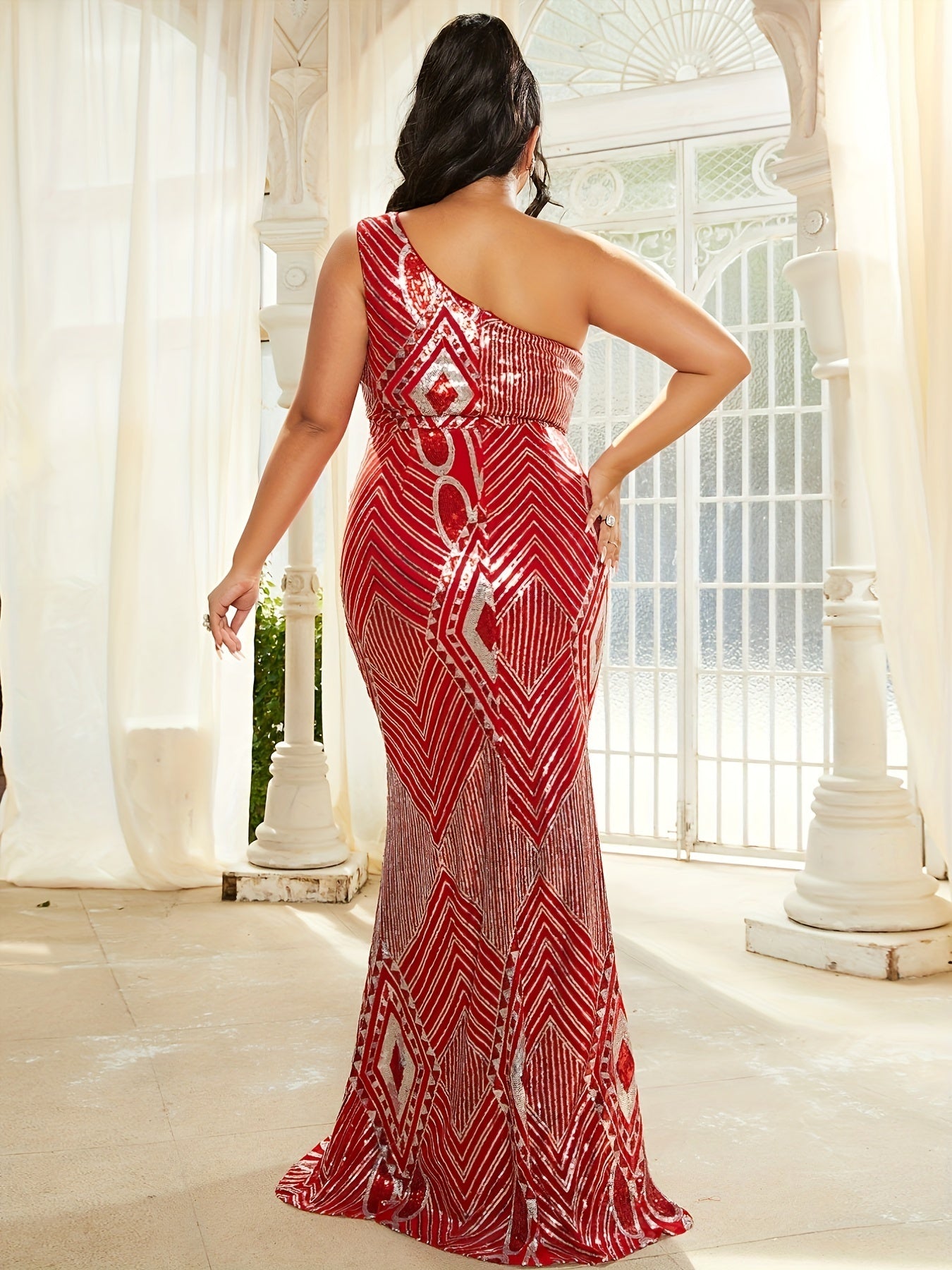 Sixsr Plus Size Elegant Bridesmaid Dress, Women's Plus Glitter Sequin One Shoulder Mermaid Hem Maxi Wedding Party Dress
