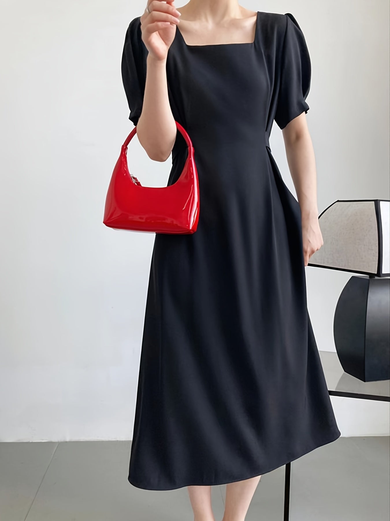 Sixsr Solid Squared Neck Short Sleeve Tie Back Dress, Elegant Ruffled Hem Stylish Maxi Dress, Women's Clothing