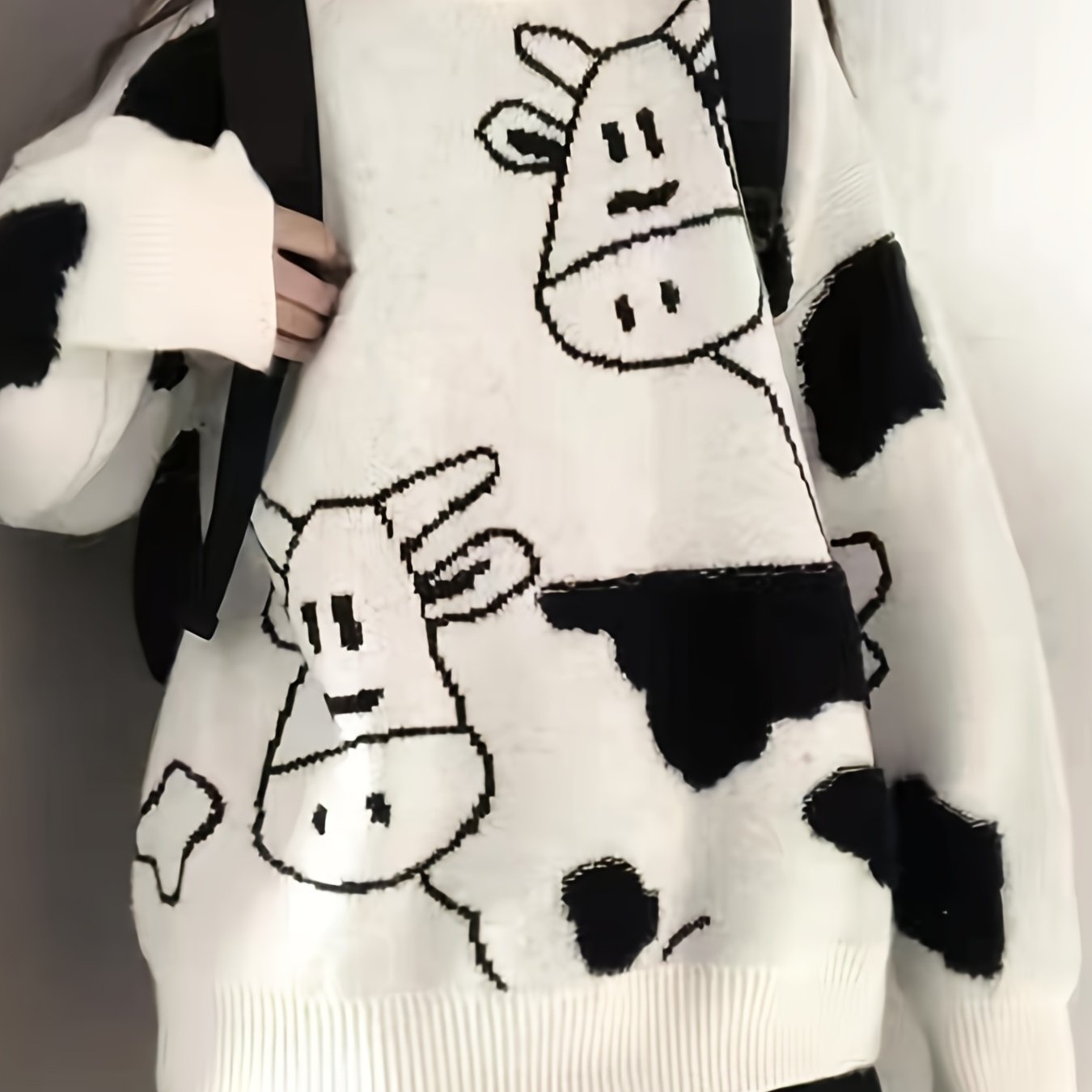 Sixsr Cute Cow Pattern Pullover Sweater, Preppy Long Sleeve Oversized Sweater, Women's Clothing