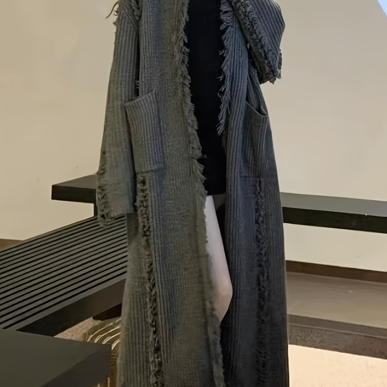 Sixsr Solid Color Open Front Loose Cardigans , Elegant Side Pockets Tassel Long Sleeve Top For Every Day, Women's Clothing