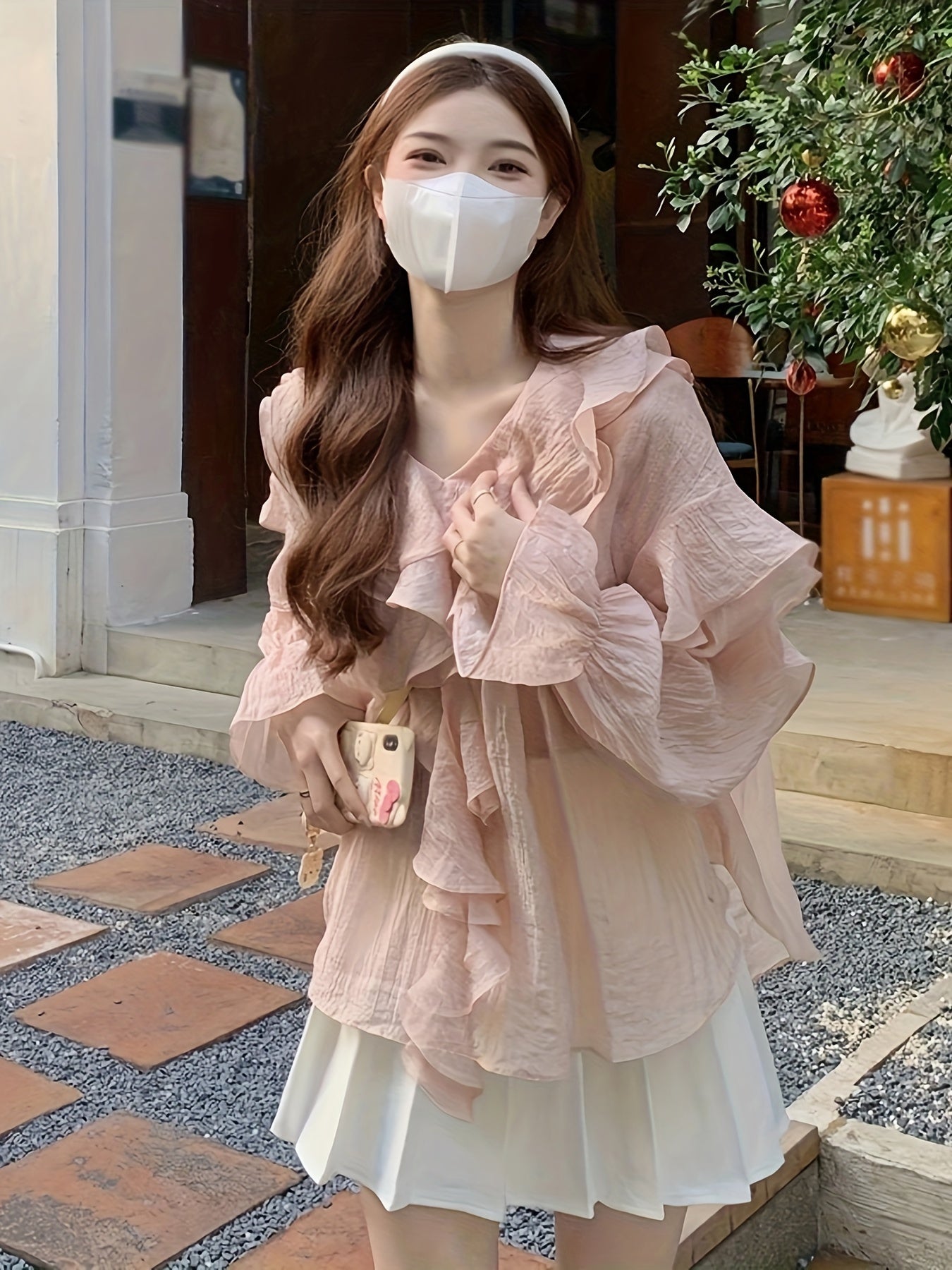 Sixsr Solid Ruffle Trim V-neck Blouse, Elegant Long Sleeve Blouse For Spring & Fall, Women's Clothing