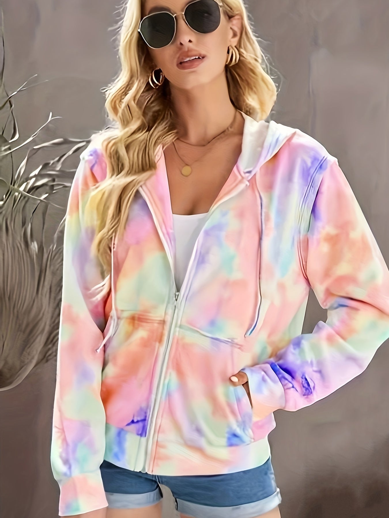 Sixsr Plus Size Casual Coat, Women's Plus Tie Dye Long Sleeve Hooded Zipper Coat With Pockets