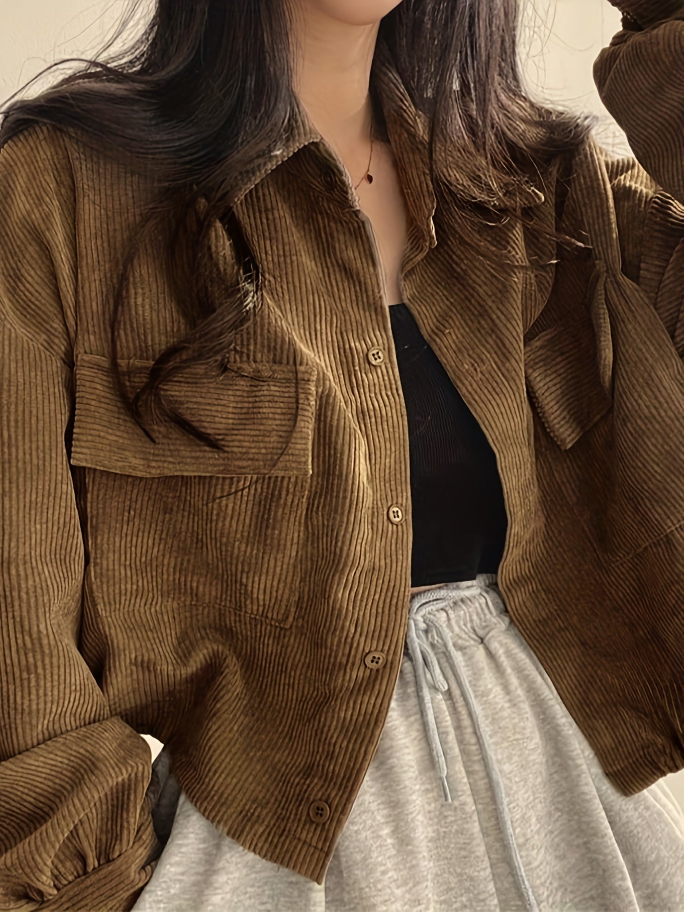Sixsr Button Front Flap Pockets Jacket, Casual Long Sleeve Jacket For Fall & Winter, Women's Clothing