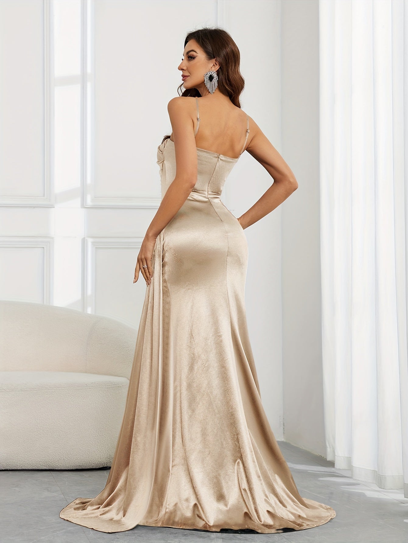 Sixsr Solid Asymmetrical Spaghetti Strap Dress, Elegant Sleeveless Dress For Party & Banquet, Women's Clothing