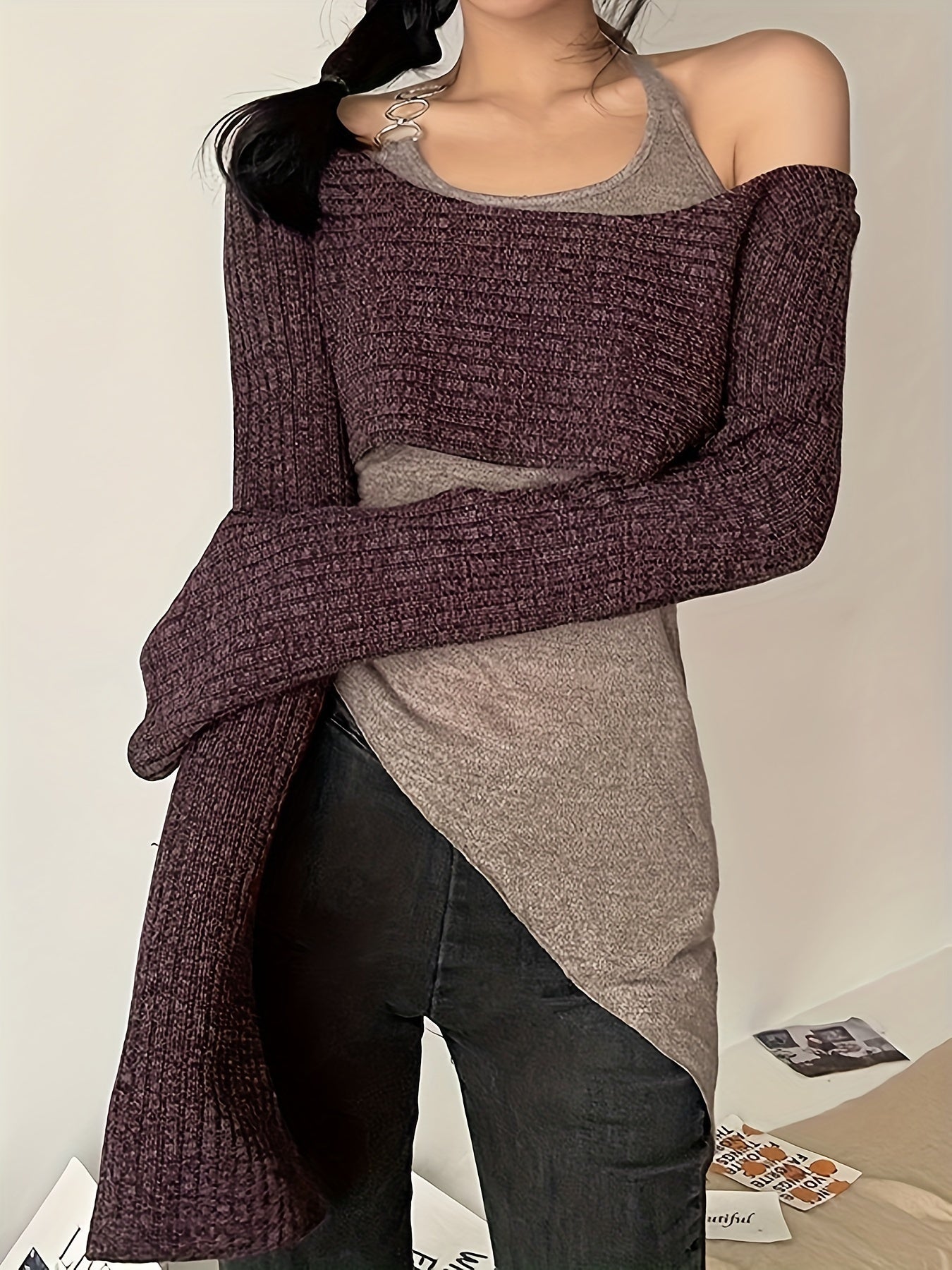 Sixsr Halter Neck Layered T-Shirt, Y2K Asymmetric Hem Long Sleeve Top, Women's Clothing