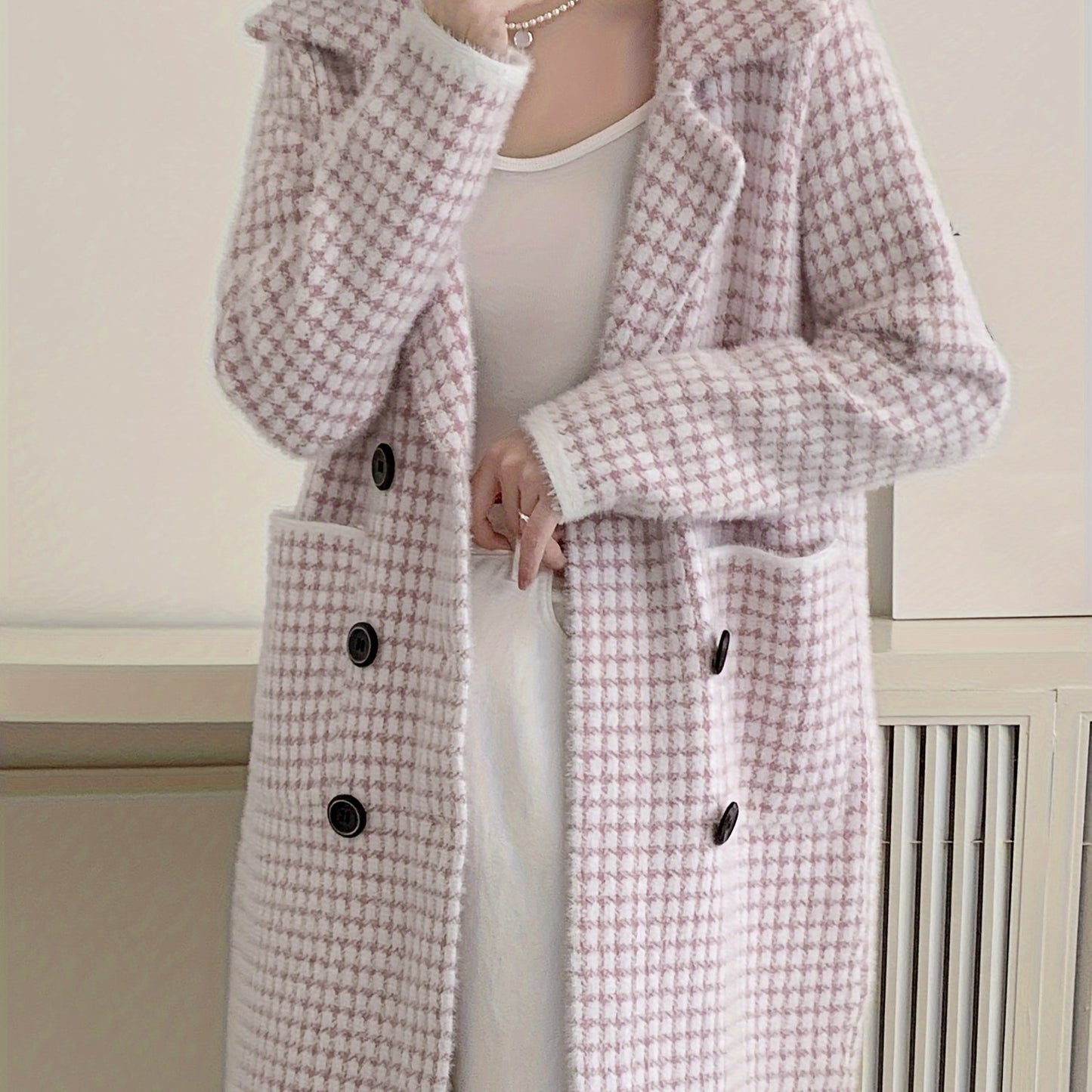 Sixsr Double Breasted Fuzzy Overcoat, Elegant Lapel Long Sleeve Warm Outerwear, Women's Clothing