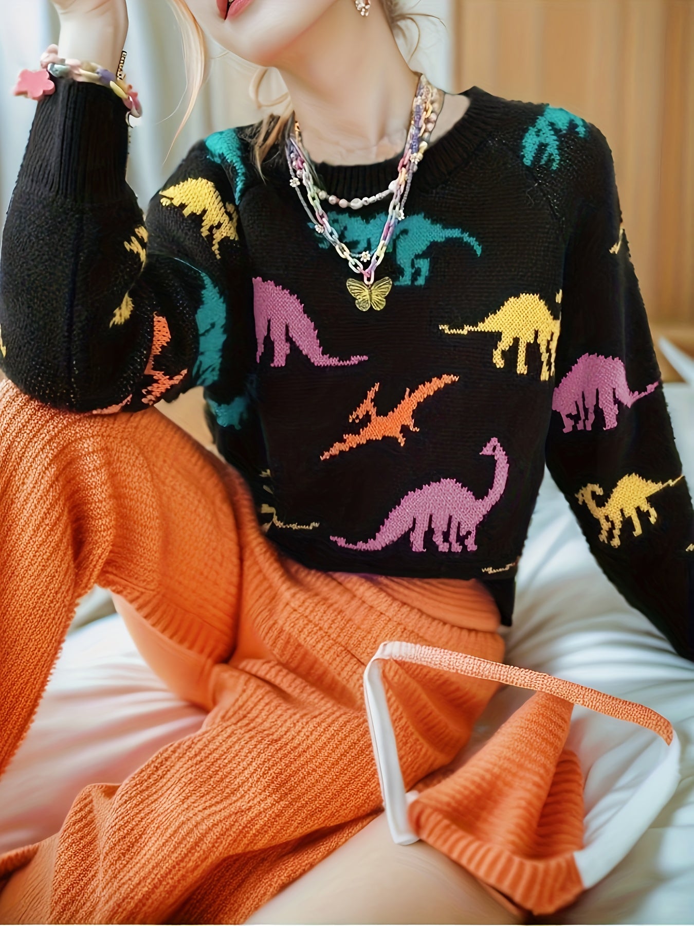 Sixsr Dinosaurs Print Crew Neck Pullover Sweater, Y2K Long Sleeve Color Block Knitted Sweater For Spring & Summer, Women's Clothing