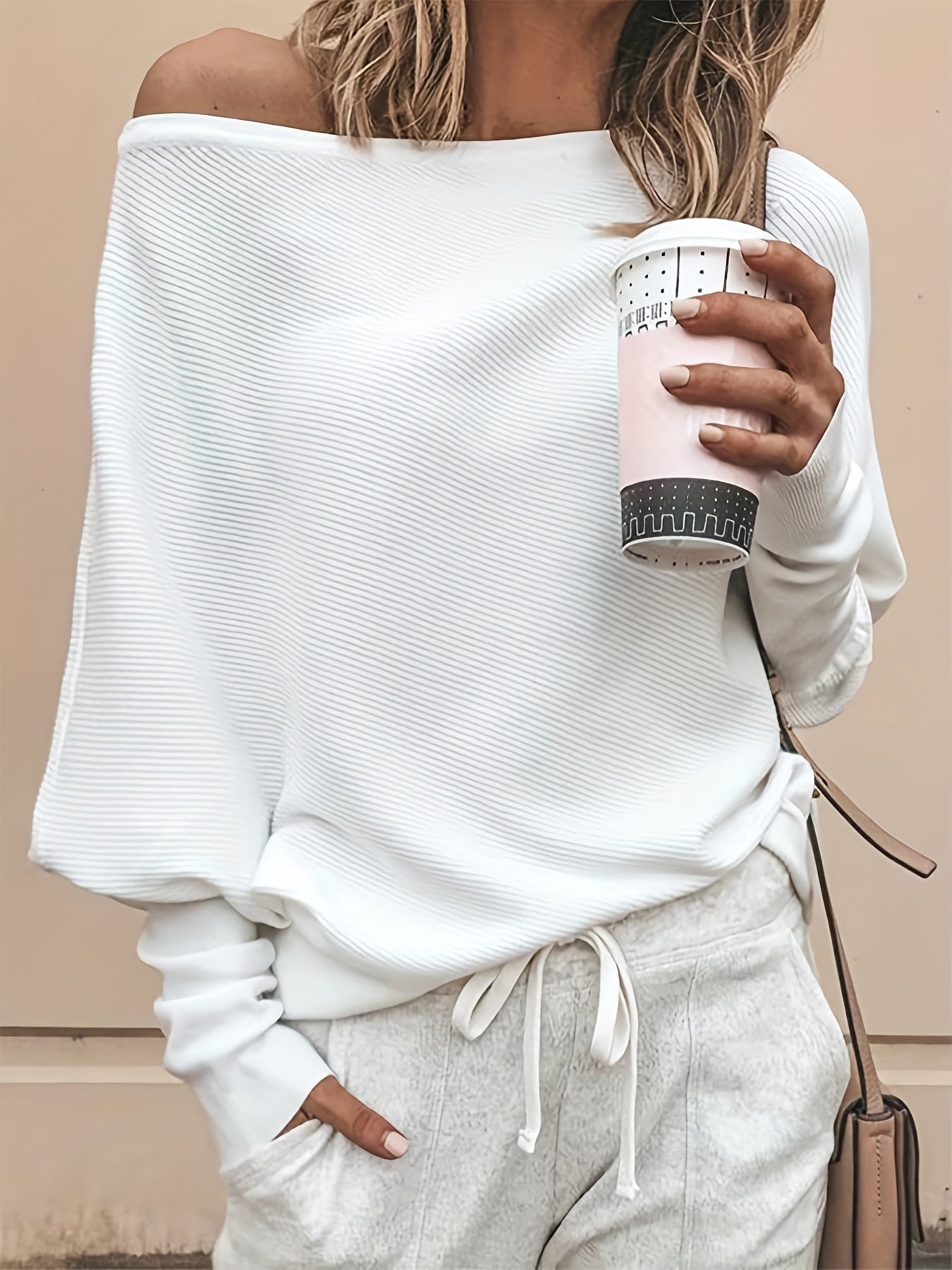 Sixsr Solid Off Shoulder Pullover Sweater, Casual Long Batwing Sleeve Sweater For Spring & Fall, Women's Clothing