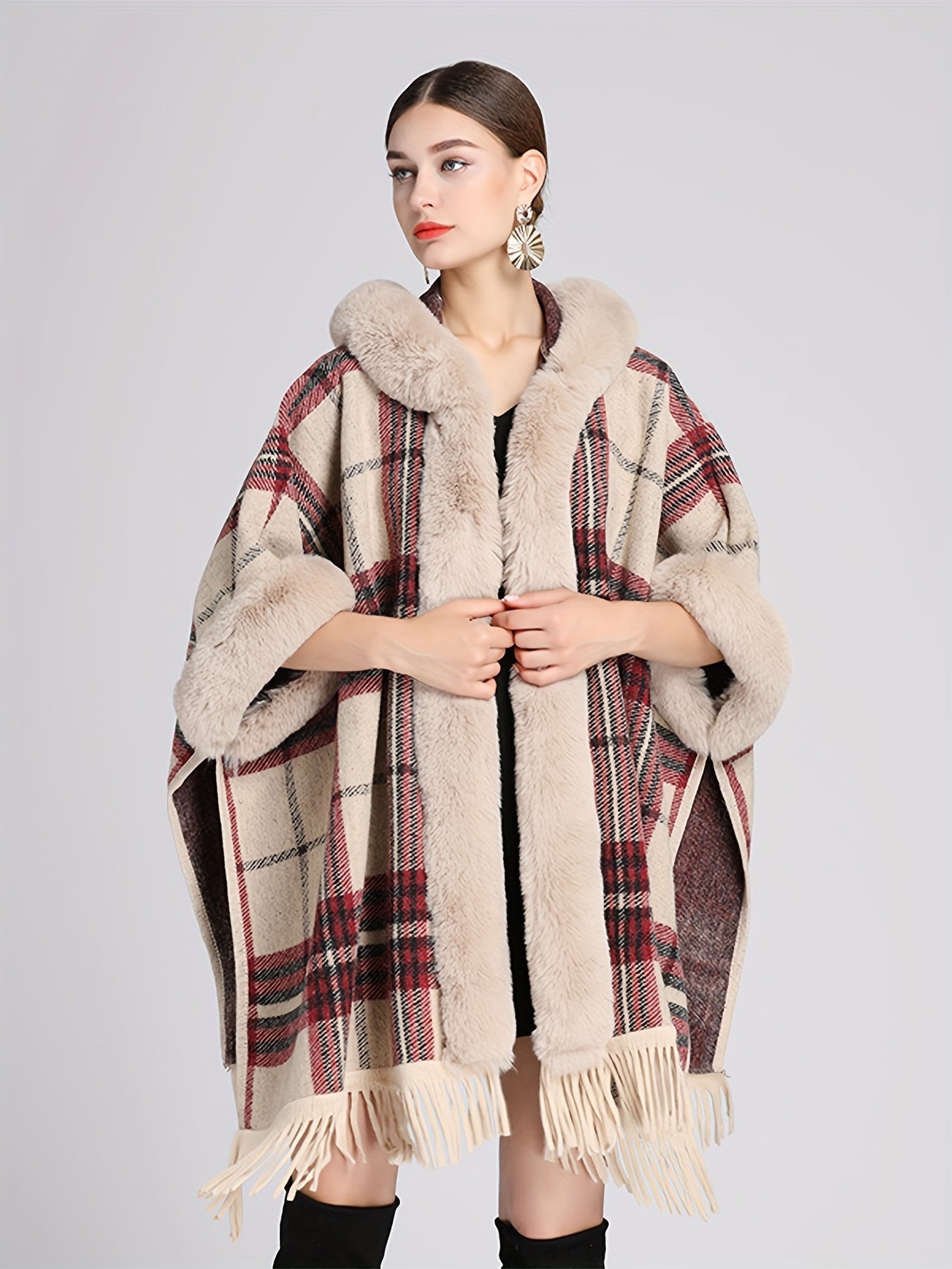 Sixsr Fuzzy Trim Plaid Cape Cardigan, Elegant Tassel Open Front Shawl Tops, Women's Clothing