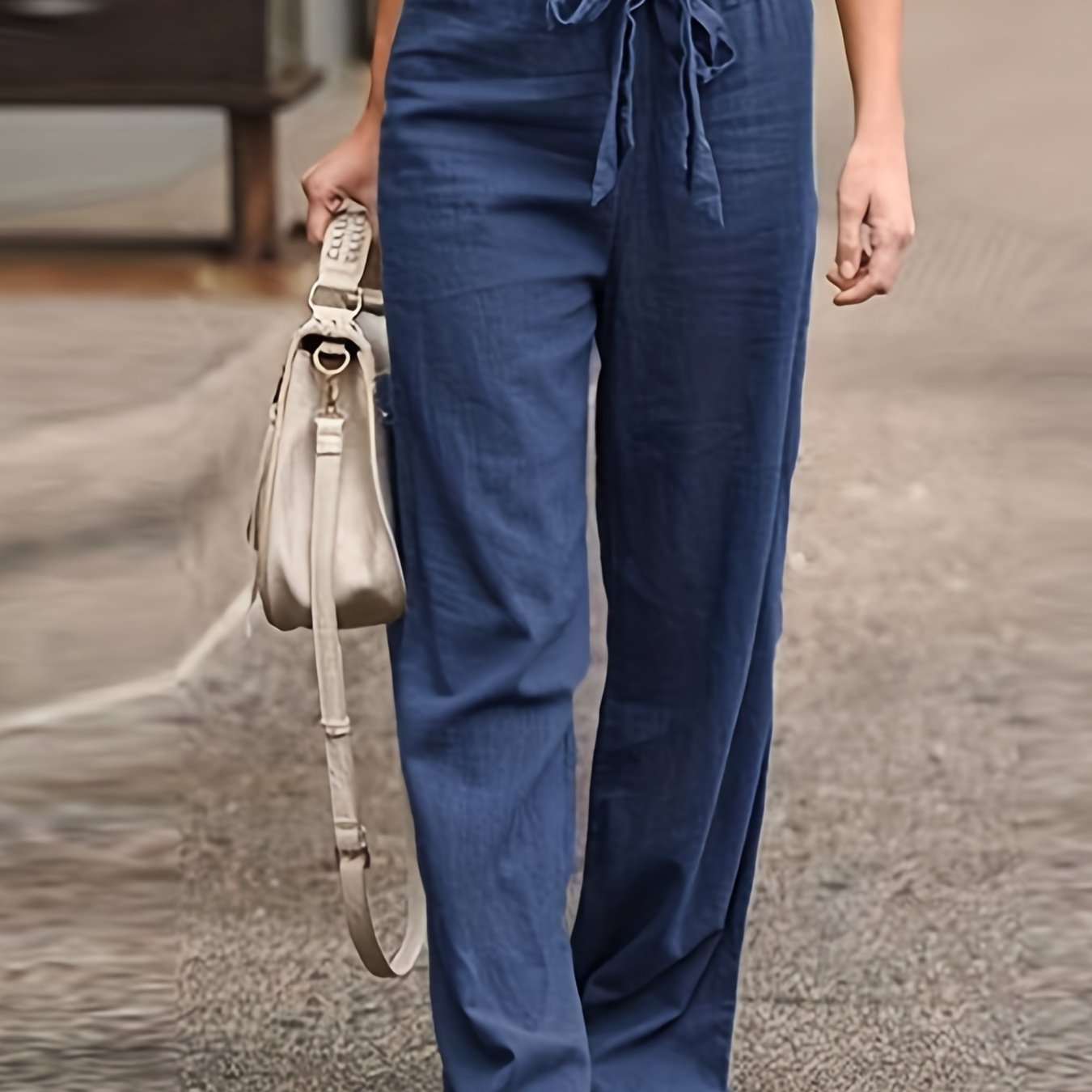 Sixsr Solid Tie Waist Pants, Casual High Waist Wide Leg Long Length Pants, Women's Clothing