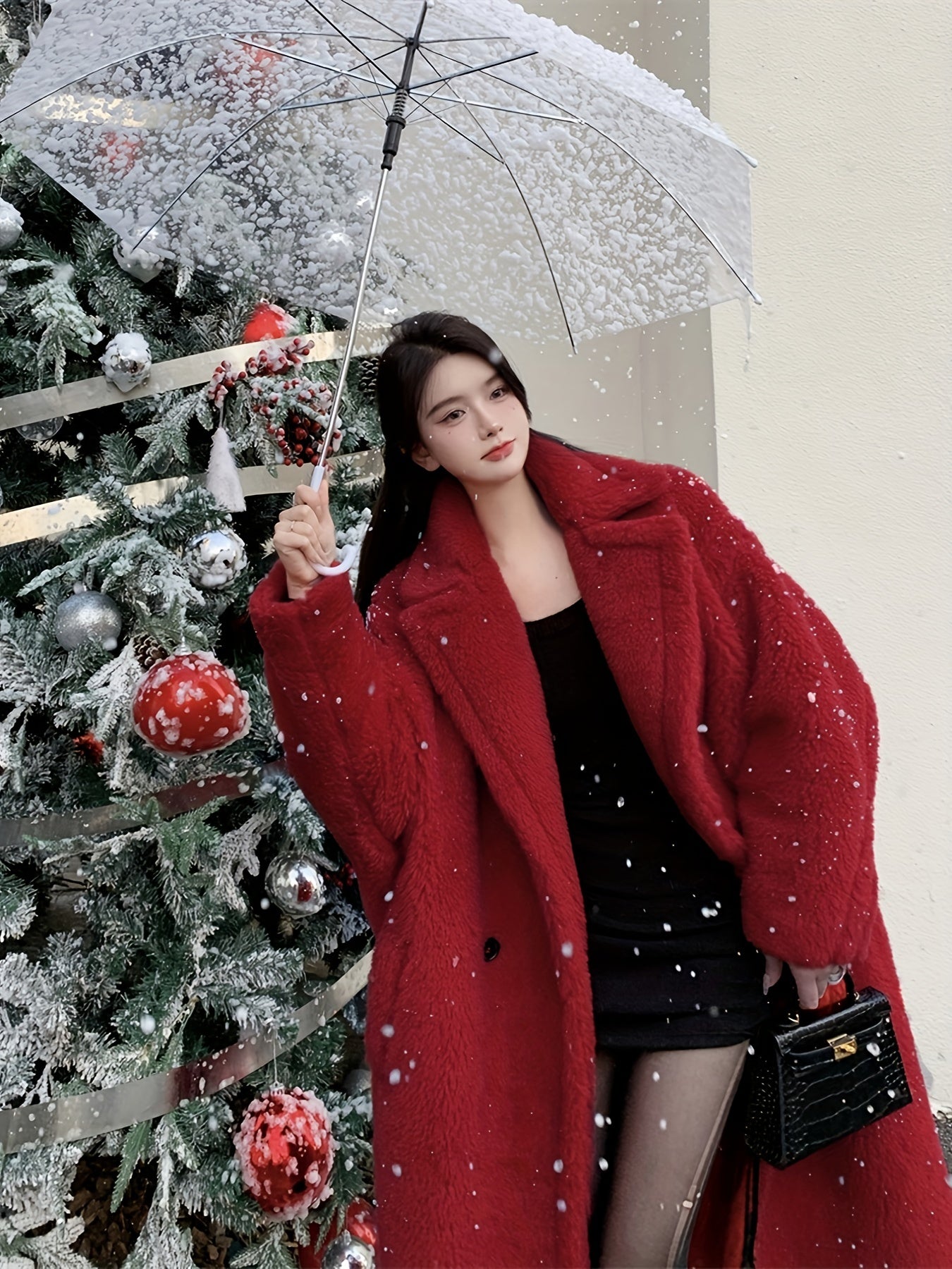 Sixsr Winter Lapel Teddy Overcoat, Long Length Solid Casual Coat, Women's Clothing