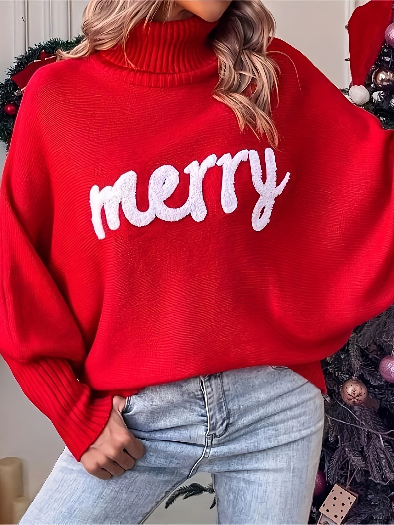 Sixsr Plus Size Casual Sweater, Women's Plus Letter Patch Bat Sleeve Turtle Neck Pullover Sweater