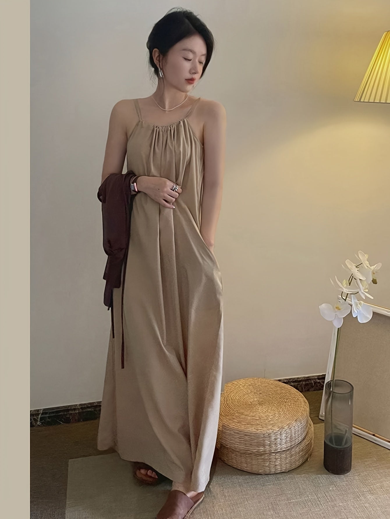 Sixsr Solid Loose Spaghetti Strap Dress, Elegant Sleeveless Cami Dress For Spring & Summer, Women's Clothing