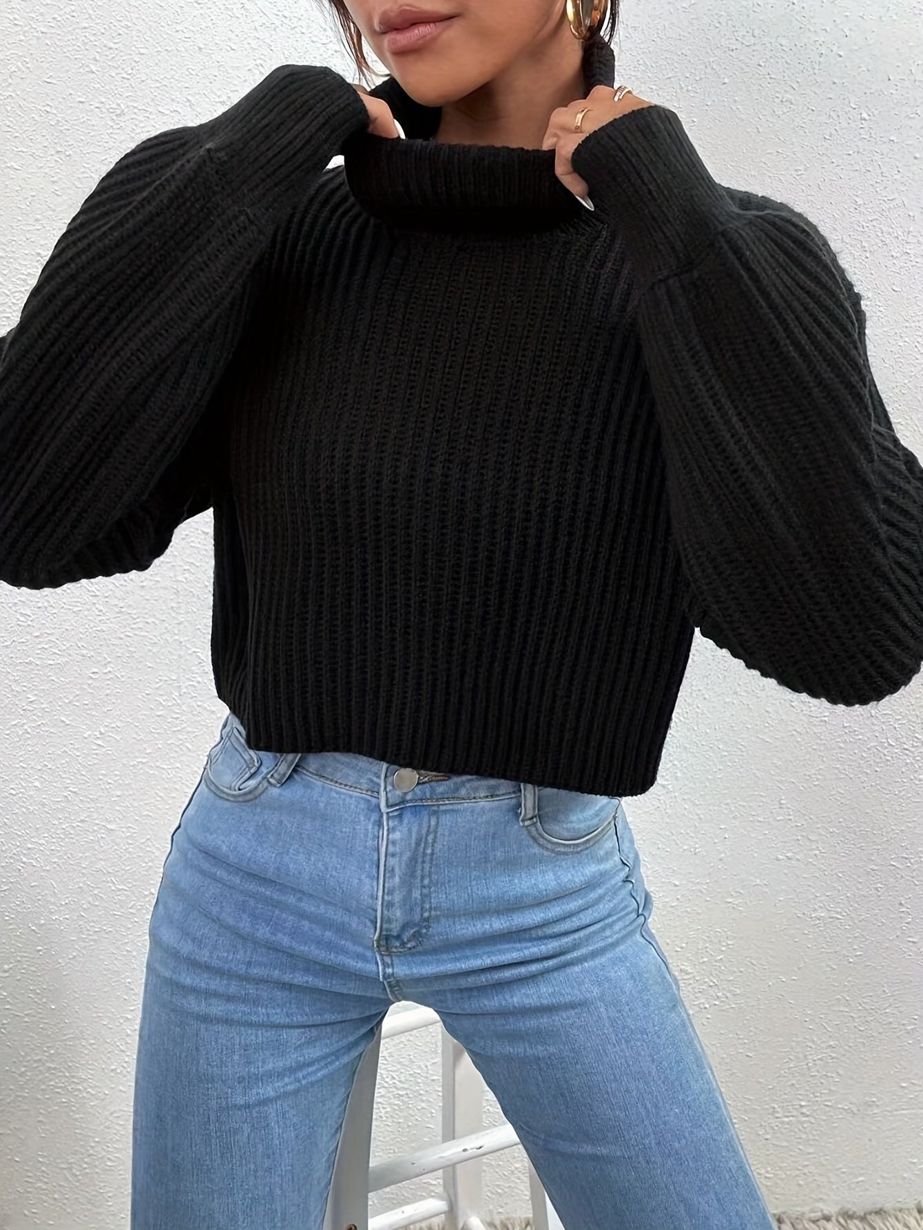 Sixsr Turtle Neck Drop Shoulder Cropped Sweater, Casual Long Sleeve Loose Fall Winter Knit Sweater, Women's Clothing