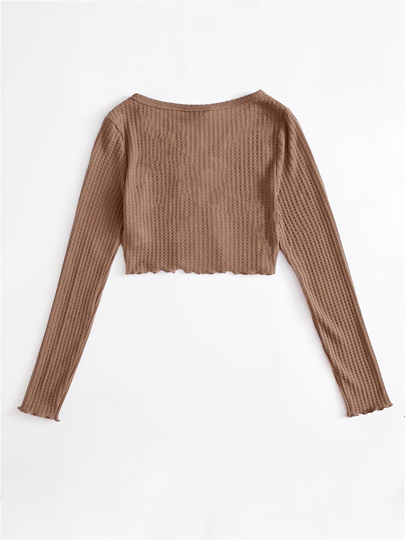 Sixsr Solid Lettuce Trim Knit Cardigan, Casual Button Front Long Sleeve Sweater, Women's Clothing