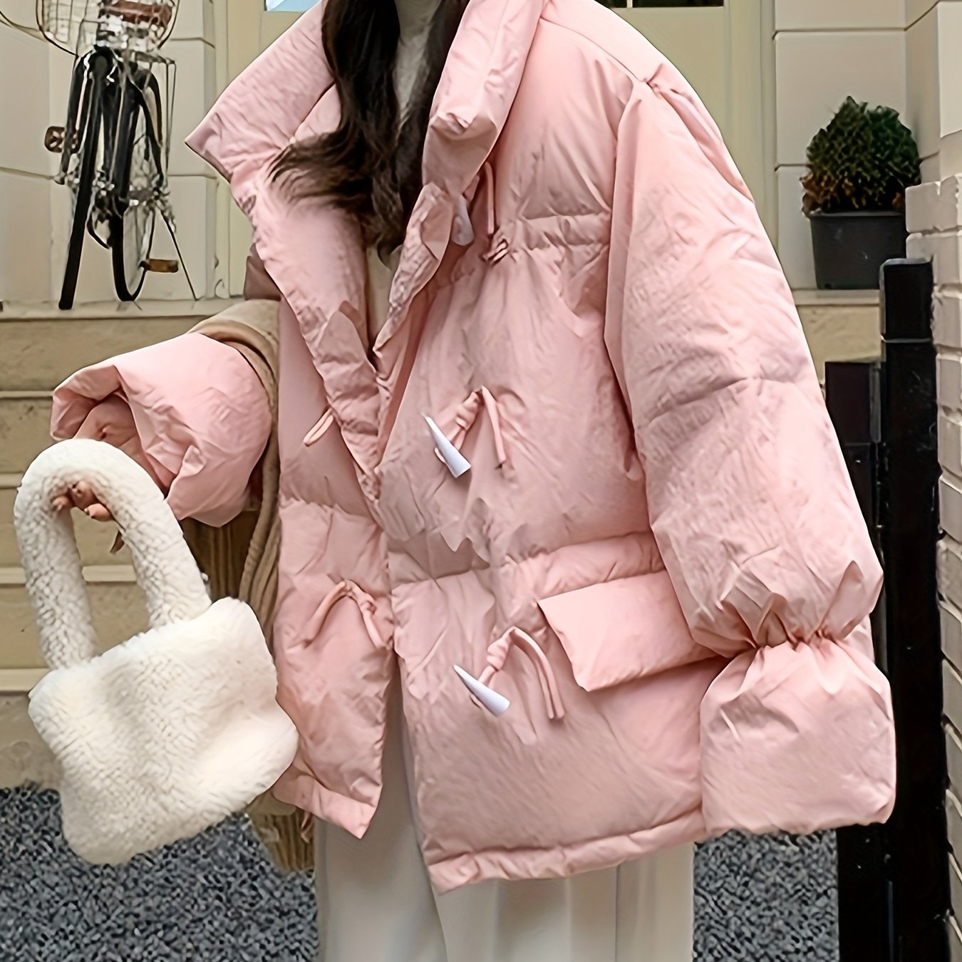 Sixsr Buckle Front Solid Warm Coat, Casual Long Sleeve Puffy Outerwear, Women's Clothing