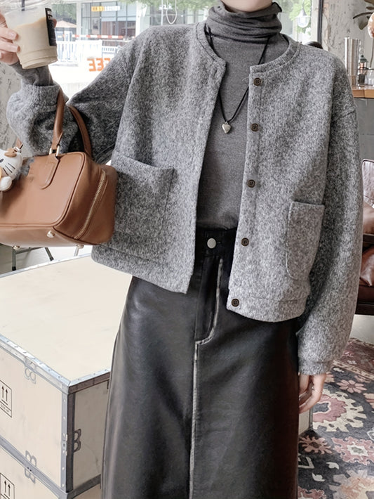 Sixsr Single Breasted Patched Pockets Jacket, Elegant Solid  Long Sleeve Outwear For Fall & Winter, Women's Clothing