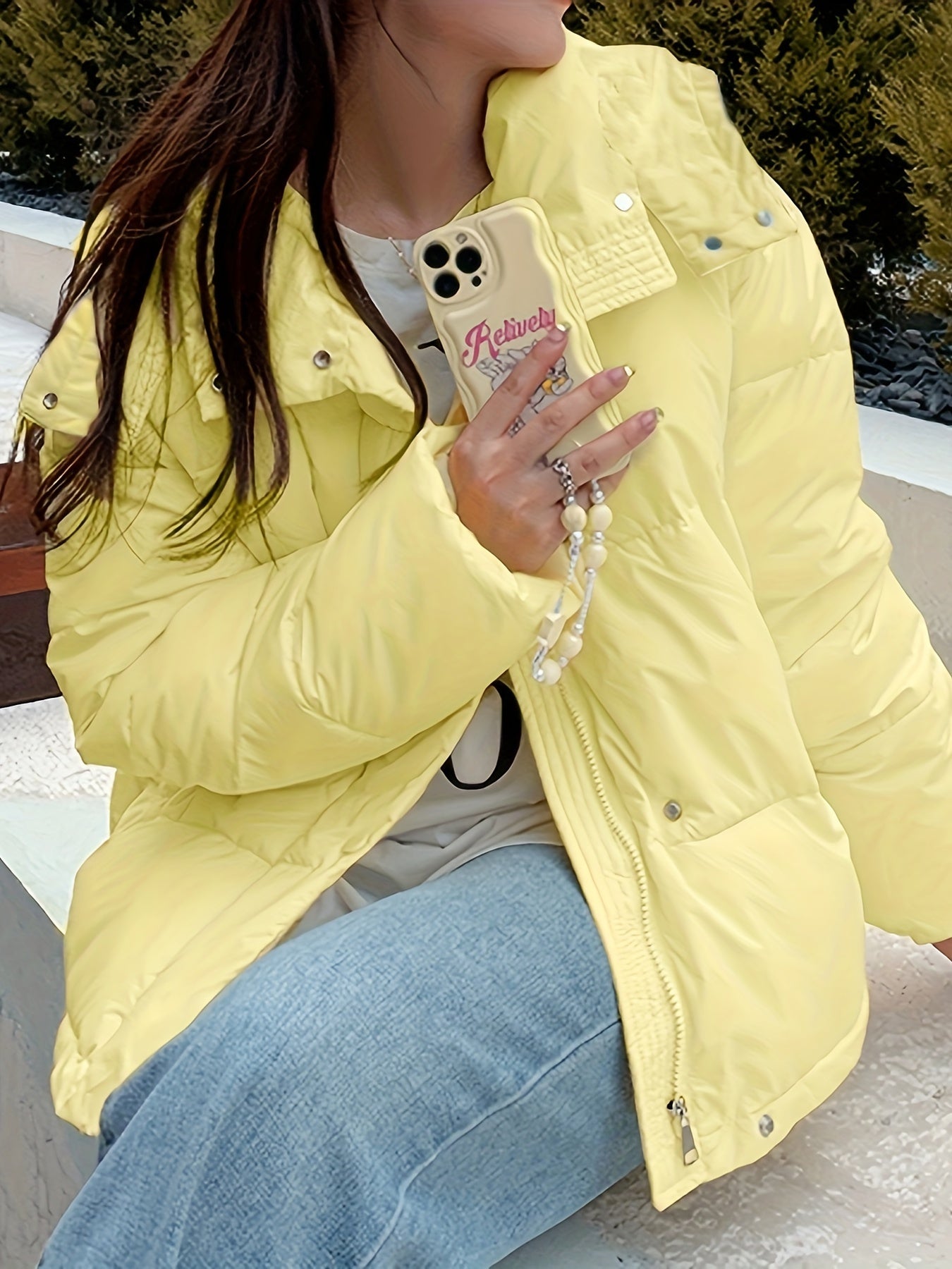 Sixsr Zip Up Hooded Warm Coat, Casual Solid Long Sleeve Winter Outerwear, Women's Clothing