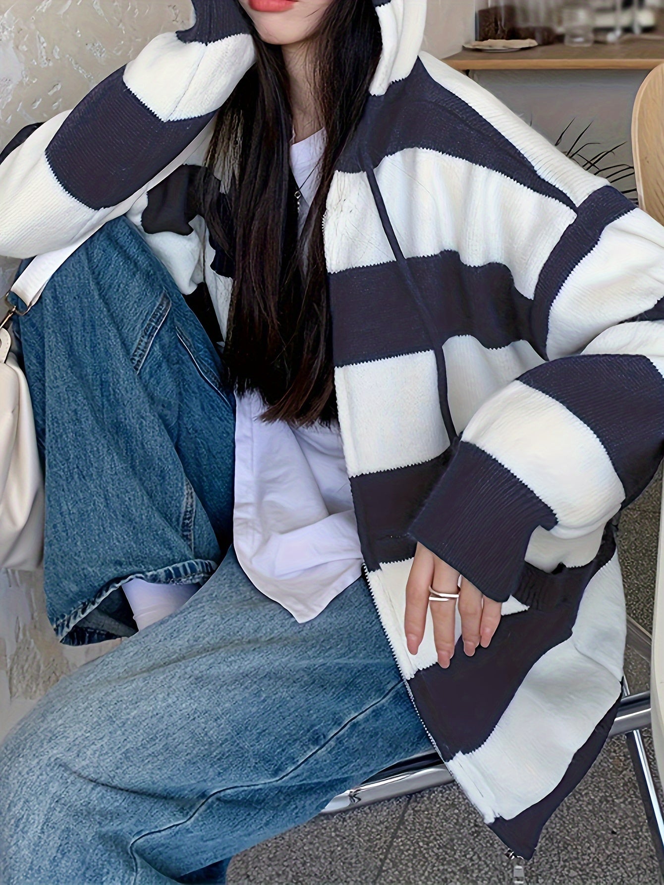 Sixsr Striped Zip Up Drawstring Hooded Sweater, Casual Long Sleeve Loose Sweater With Pocket, Women's Clothing